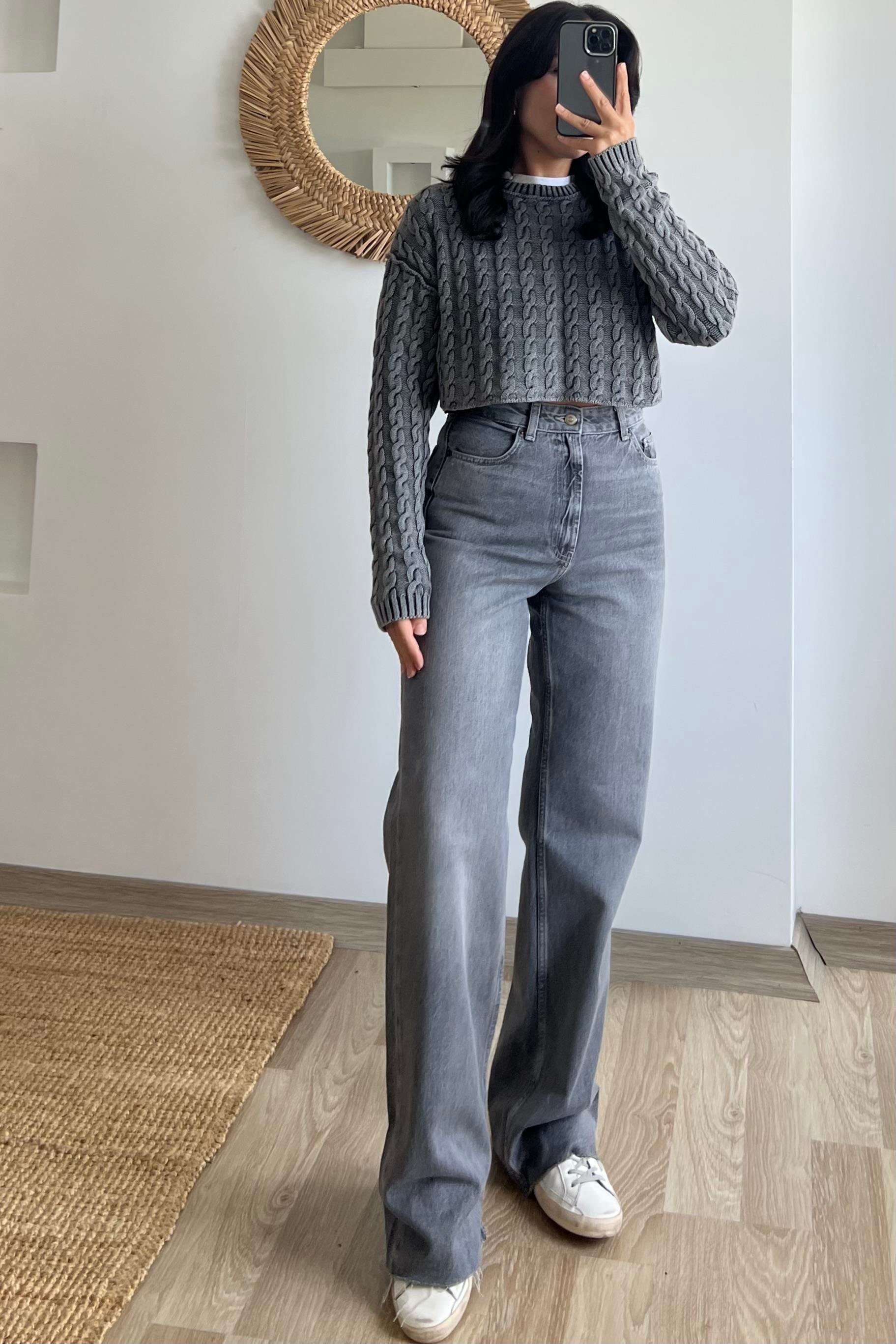 Orj Marka Gri Yıkamalı Saç Örgülü Crop Triko uygun fiyatlarda www.butikhola.com adresinde