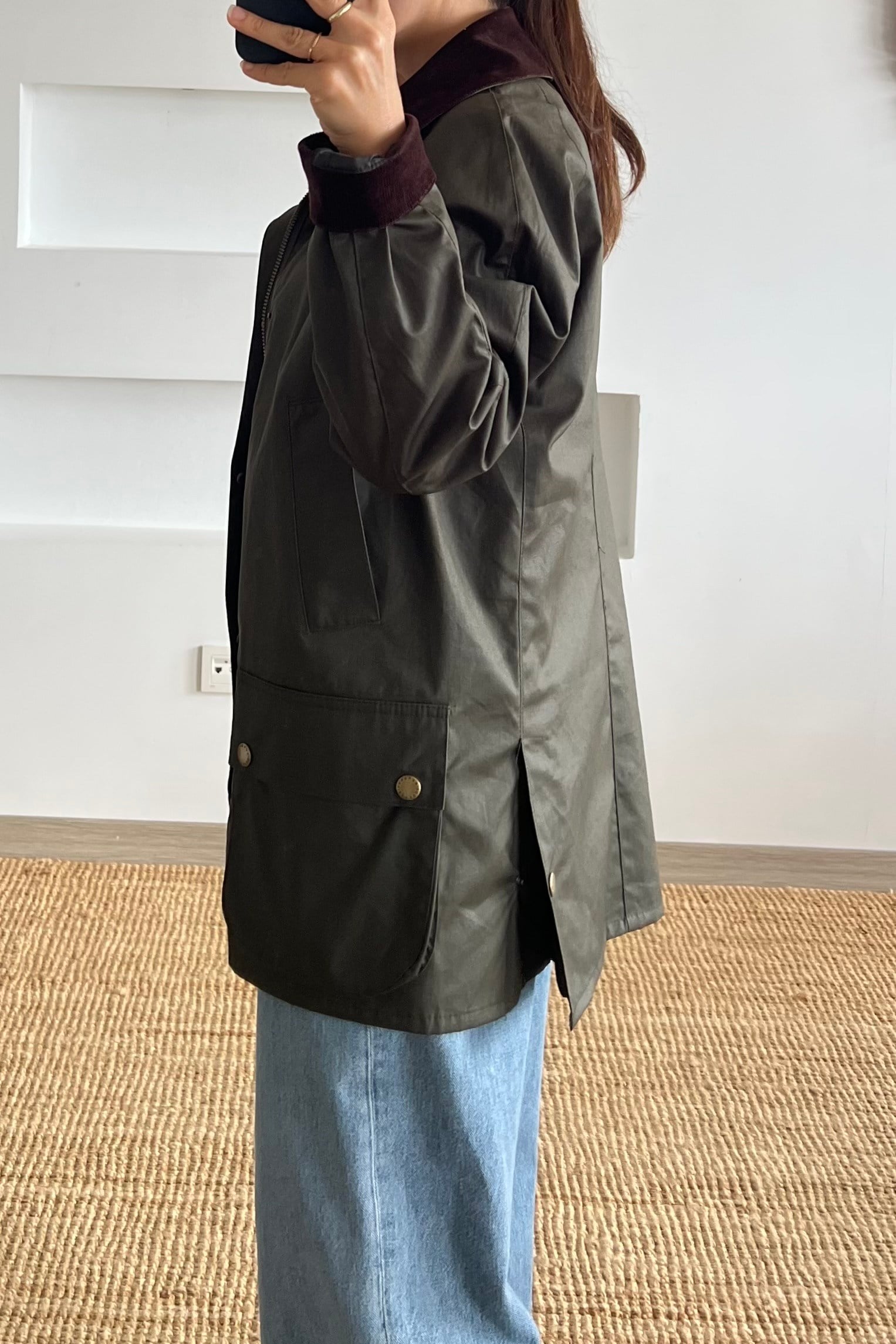 Orjinal Model Haki Yağlı Doku Kadife Yaka Ceket uygun fiyatlarda www.butikhola.com adresinde