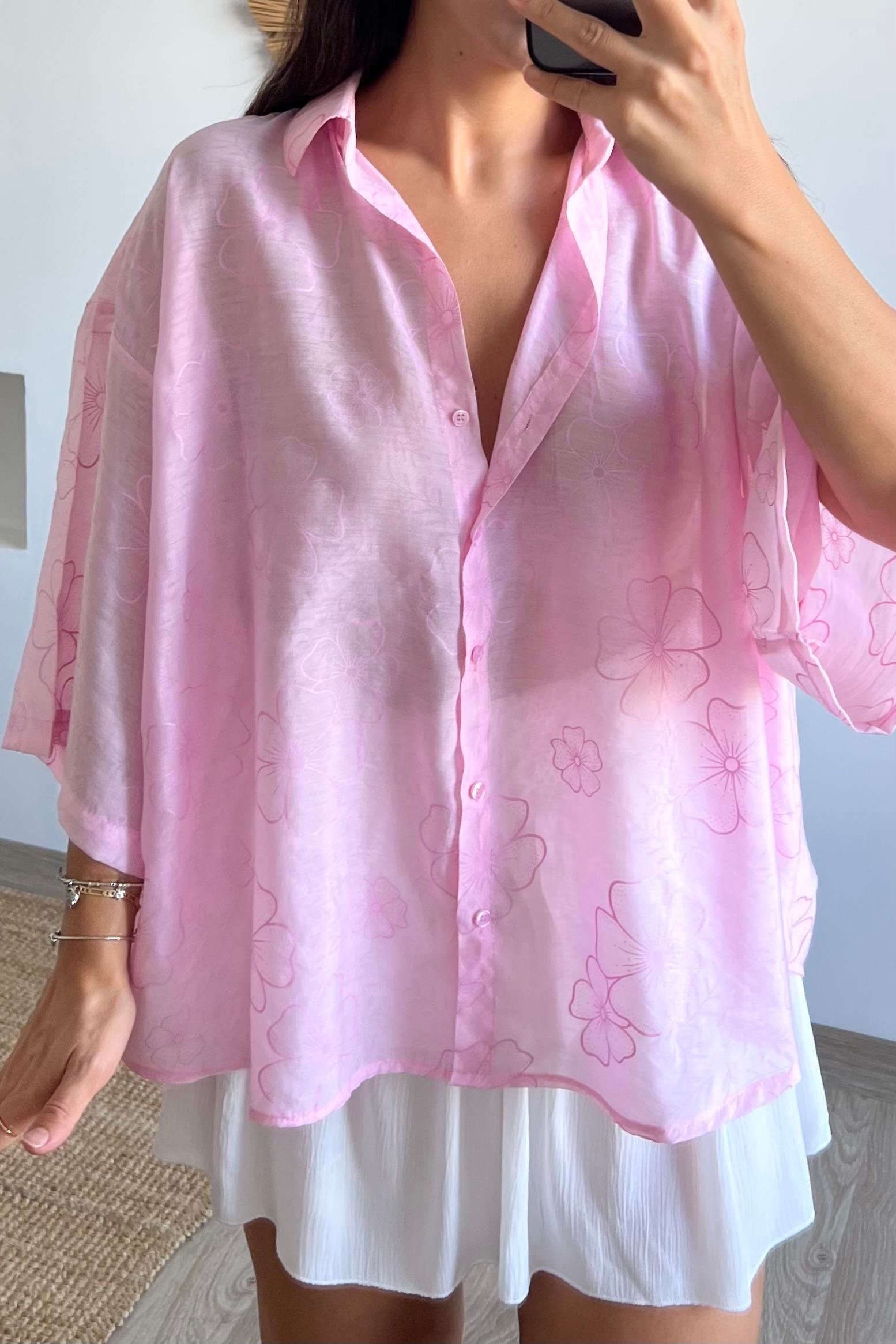 Pembe Çiçek Desenli Oversize Gömlek uygun fiyatlarda www.butikhola.com adresinde