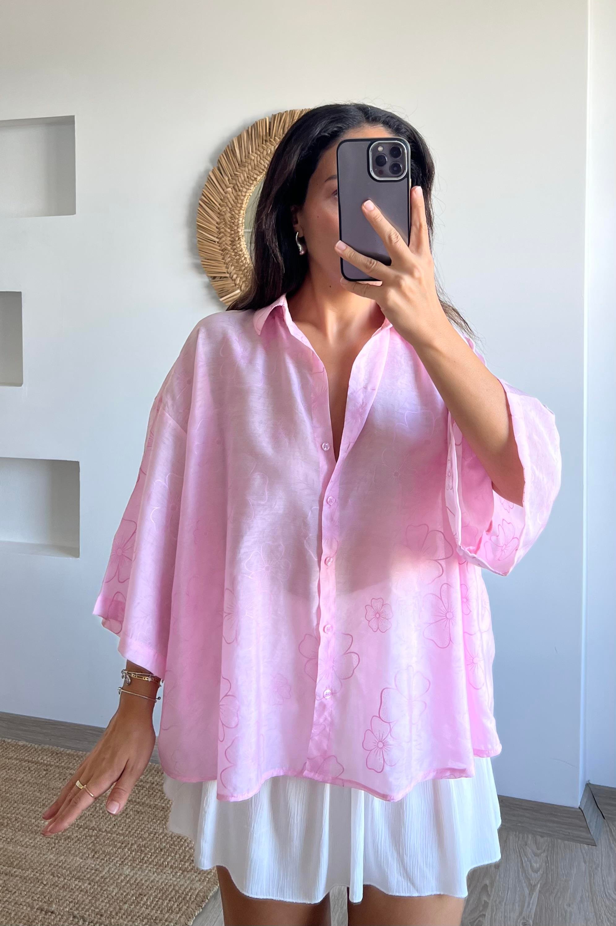 Pembe Çiçek Desenli Oversize Gömlek uygun fiyatlarda www.butikhola.com adresinde