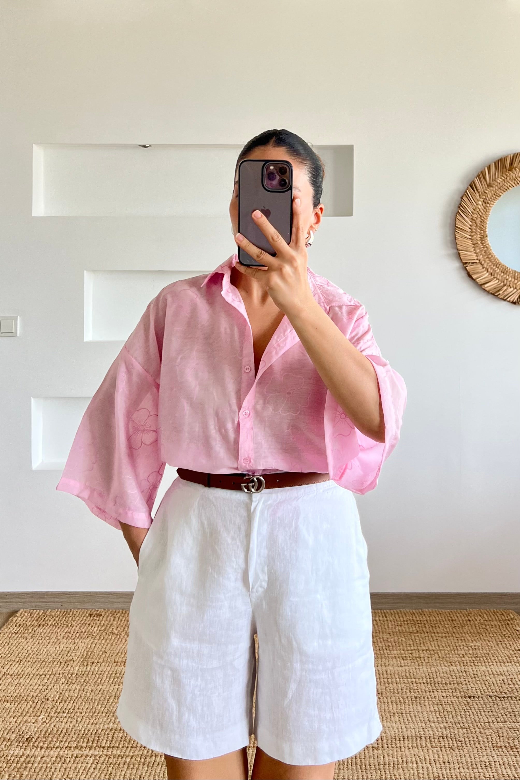 Pembe Çiçek Desenli Oversize Gömlek uygun fiyatlarda www.butikhola.com adresinde