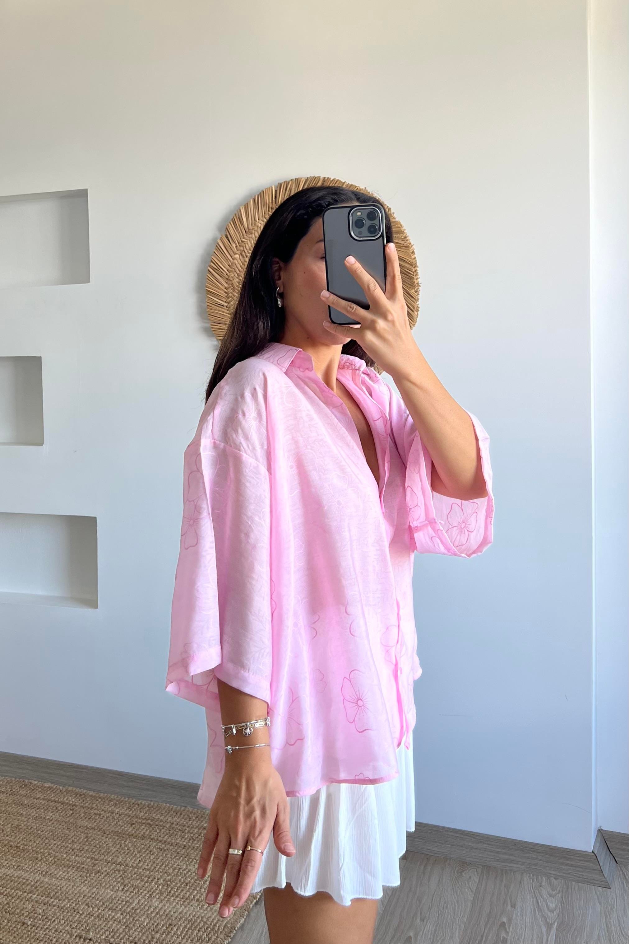 Pembe Çiçek Desenli Oversize Gömlek uygun fiyatlarda www.butikhola.com adresinde