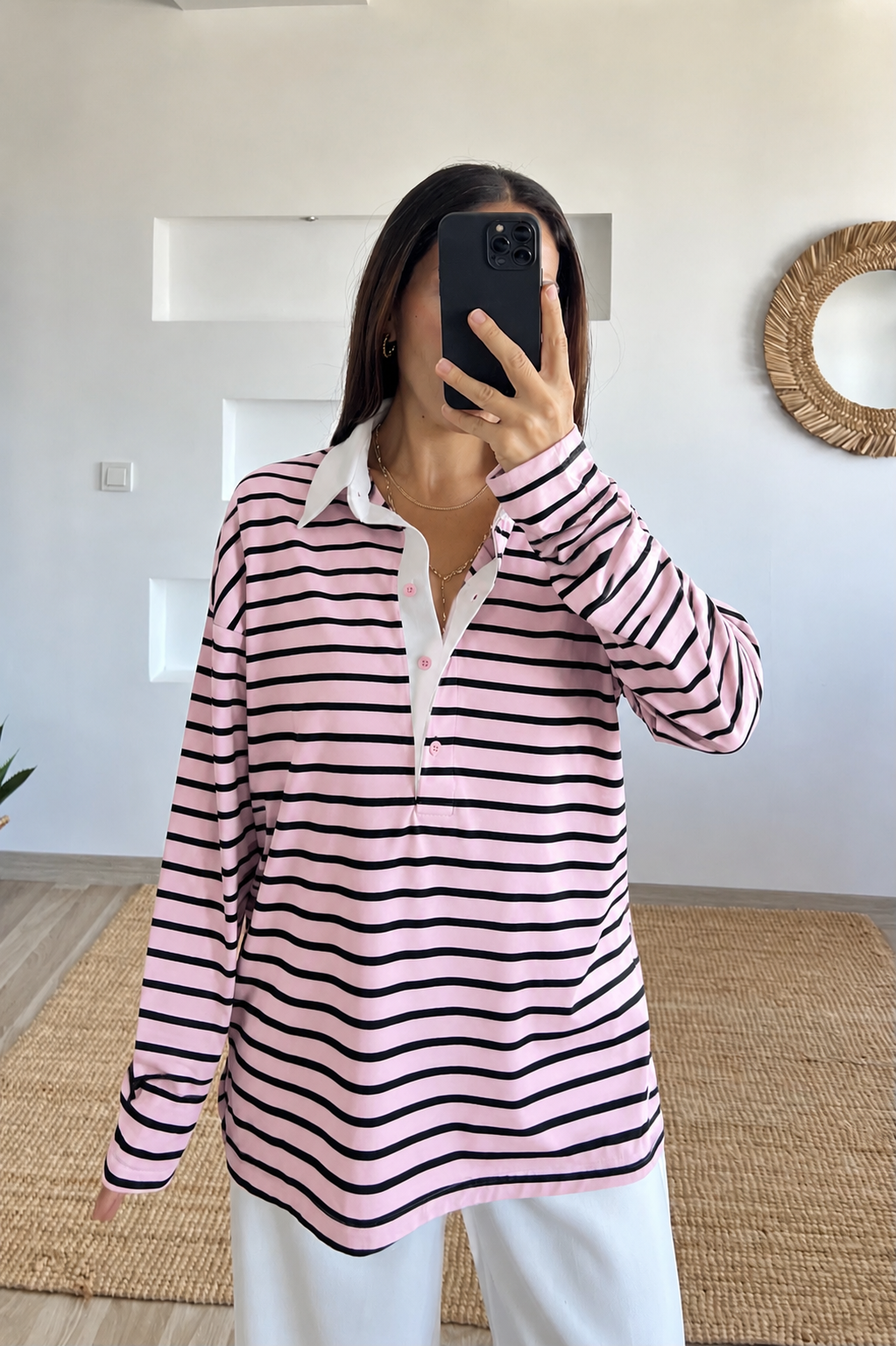 Pembe Çizgili Polo Yaka Uzun Kol Tshirt uygun fiyatlarda www.butikhola.com adresinde