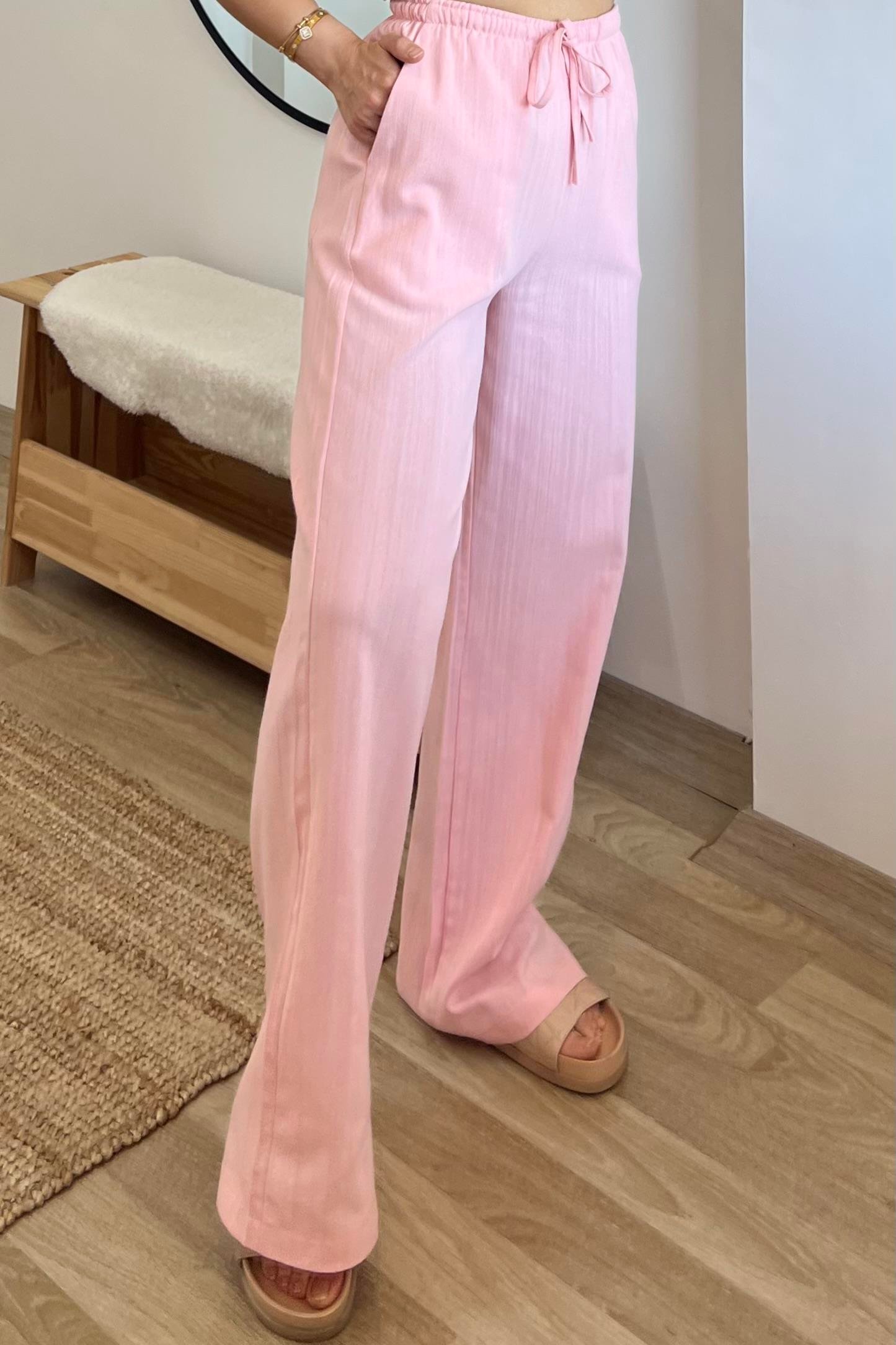 Pembe Düz Kesim Keten Pantolon uygun fiyatlarda www.butikhola.com adresinde