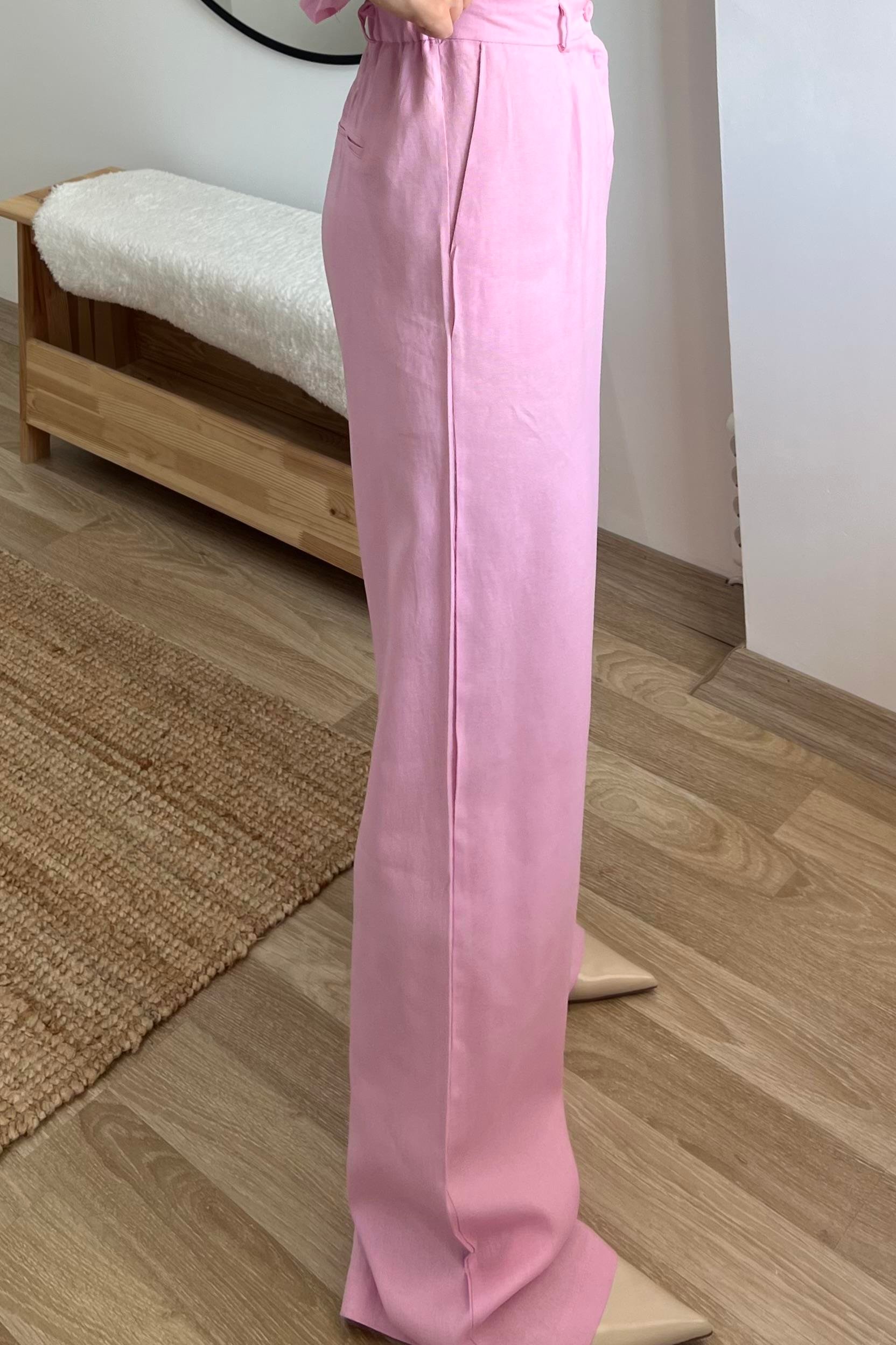 Pembe Keten Bluz Pantolon Takım uygun fiyatlarda www.butikhola.com adresinde