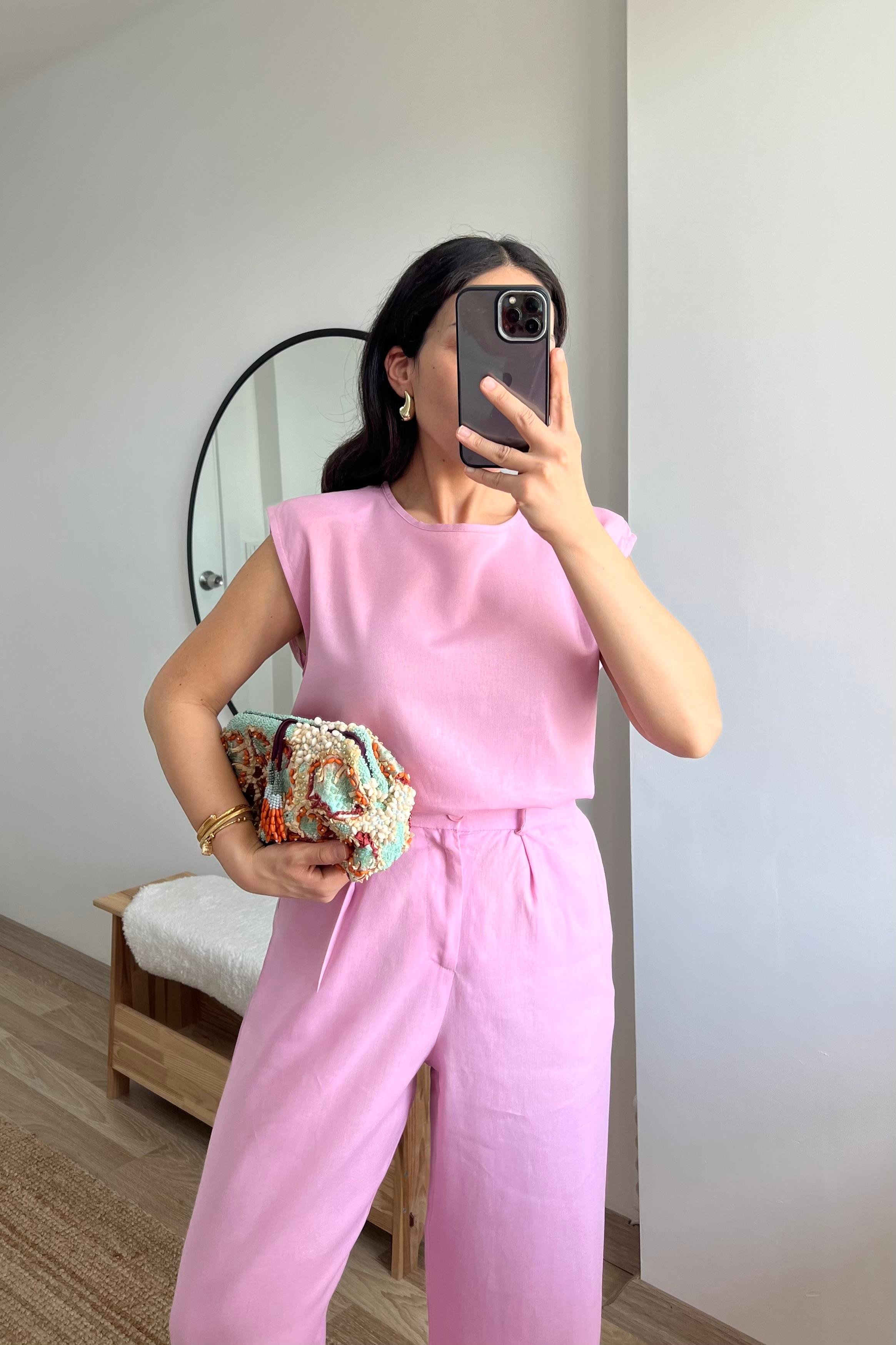 Pembe Keten Bluz Pantolon Takım uygun fiyatlarda www.butikhola.com adresinde
