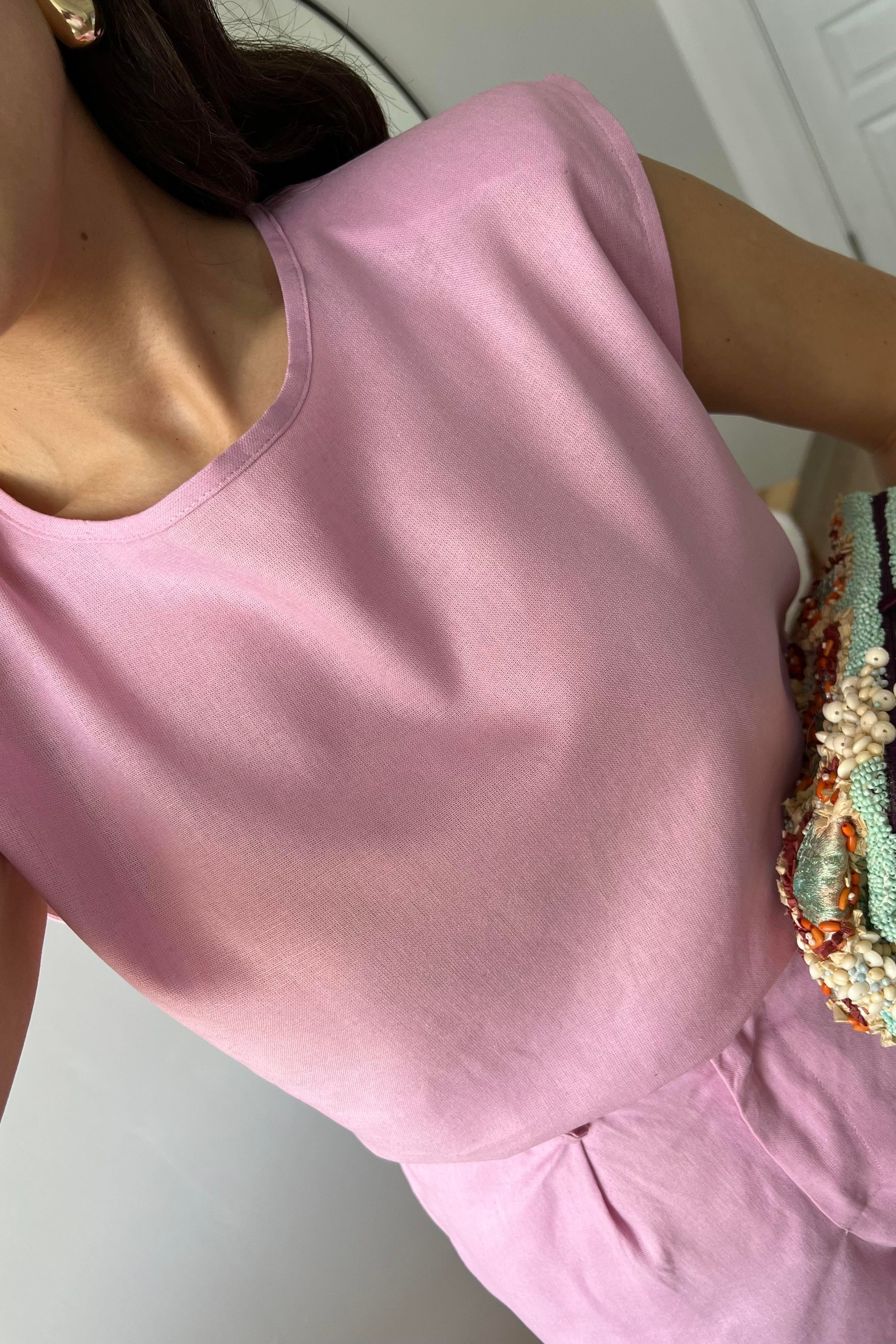 Pembe Keten Bluz Pantolon Takım uygun fiyatlarda www.butikhola.com adresinde