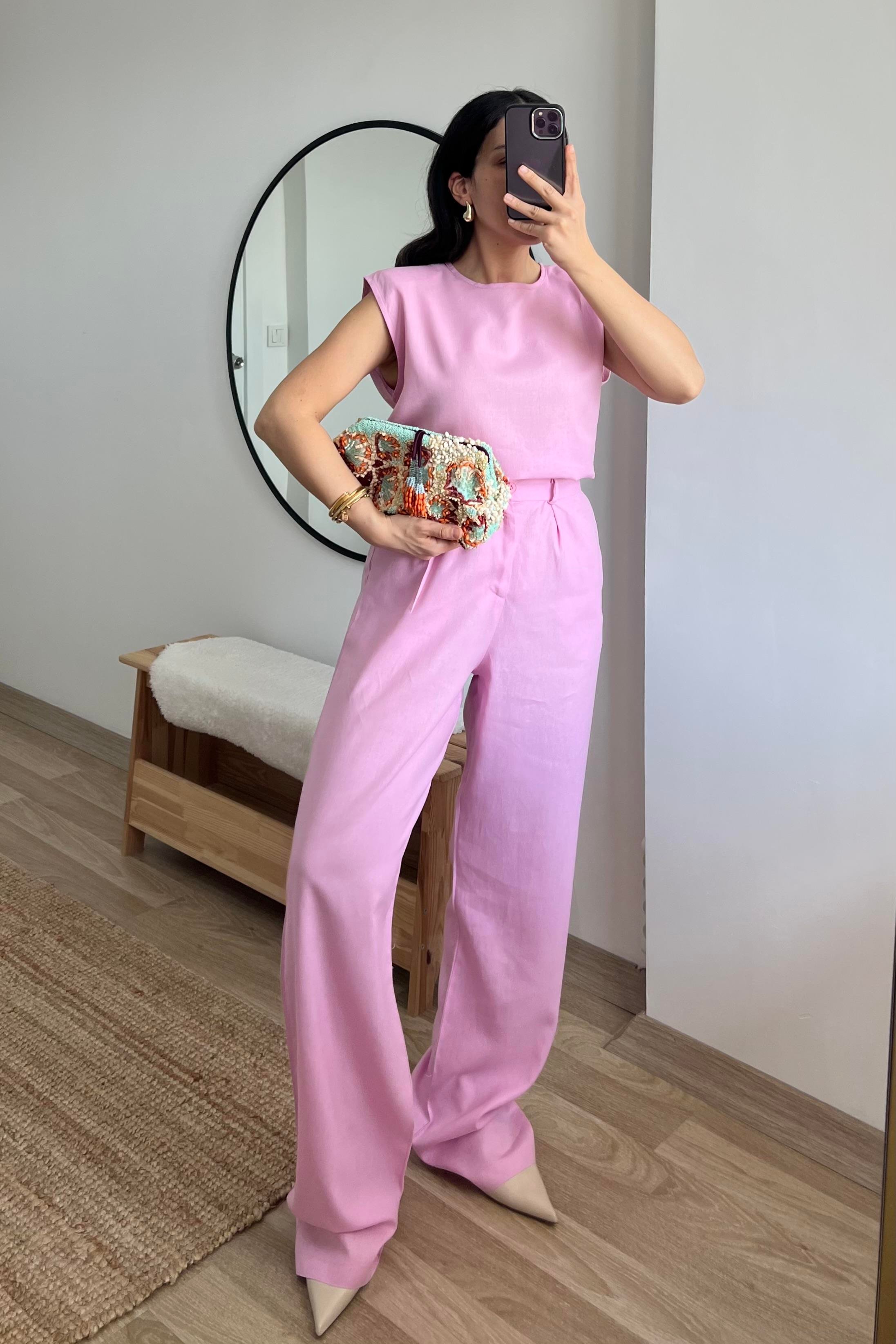 Pembe Keten Bluz Pantolon Takım uygun fiyatlarda www.butikhola.com adresinde