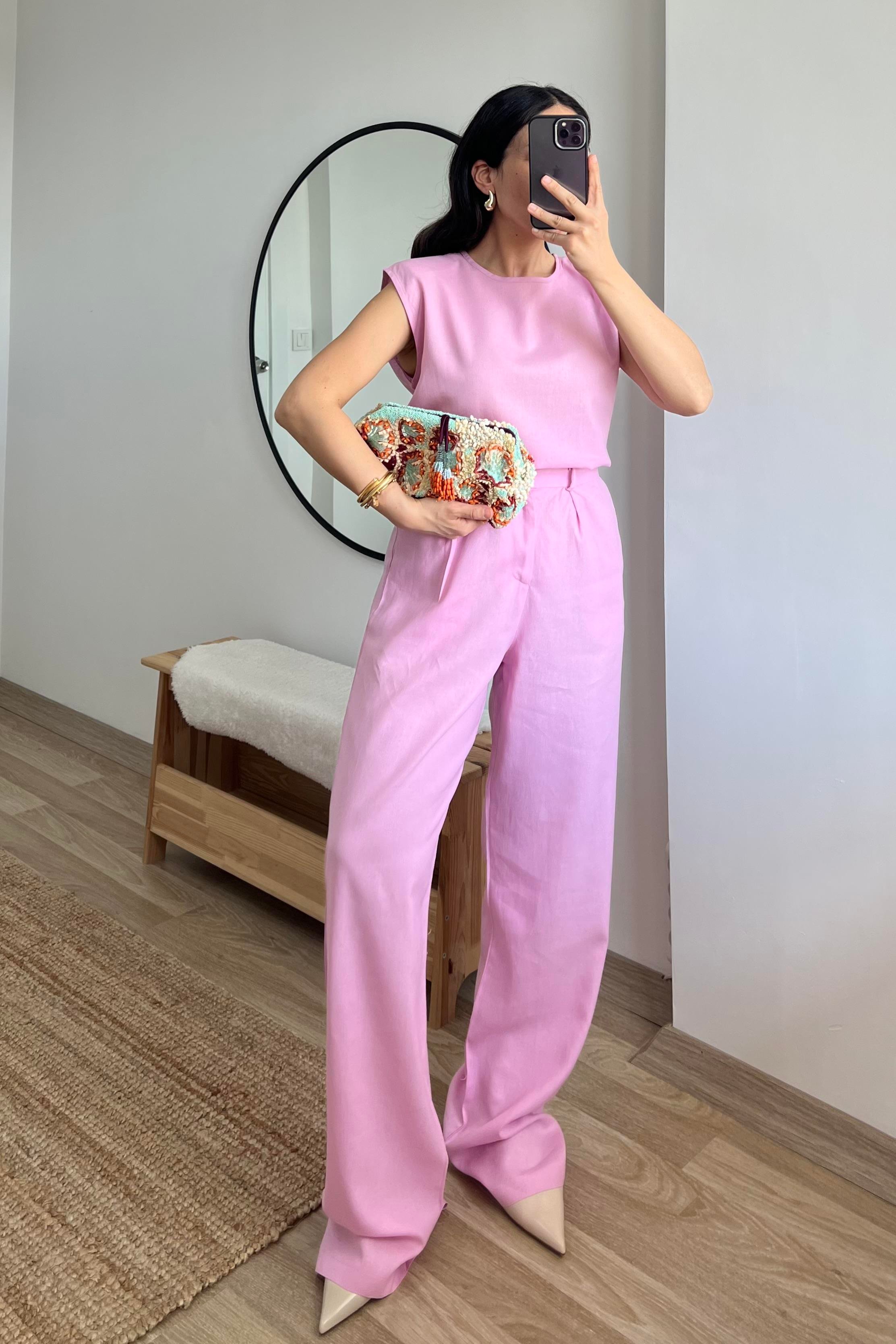 Pembe Keten Bluz Pantolon Takım uygun fiyatlarda www.butikhola.com adresinde