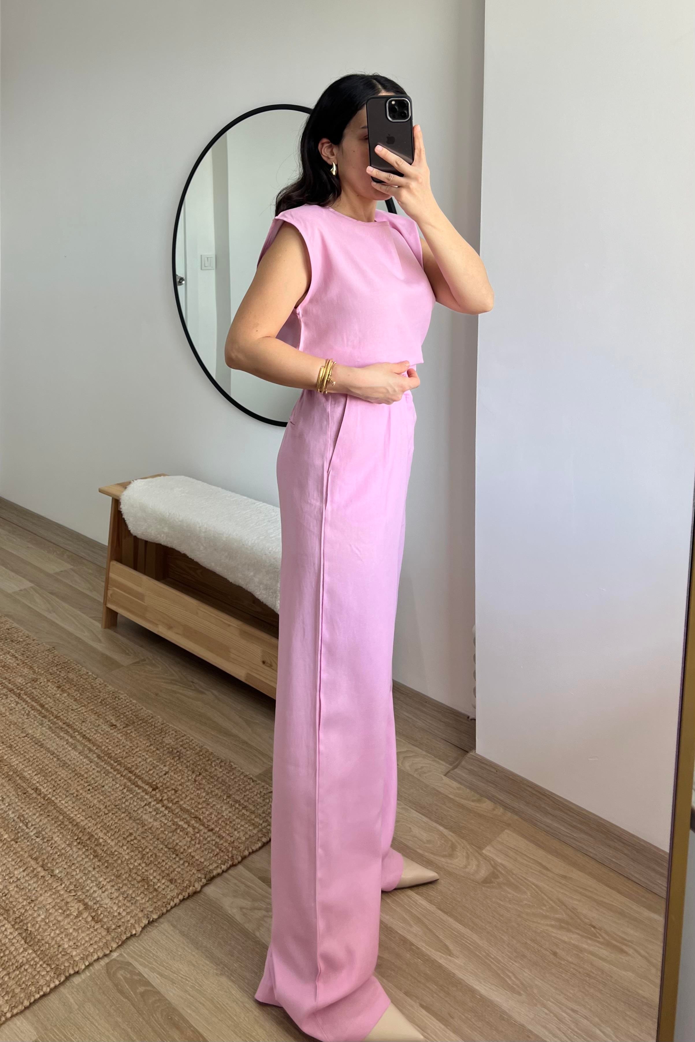 Pembe Keten Bluz Pantolon Takım uygun fiyatlarda www.butikhola.com adresinde