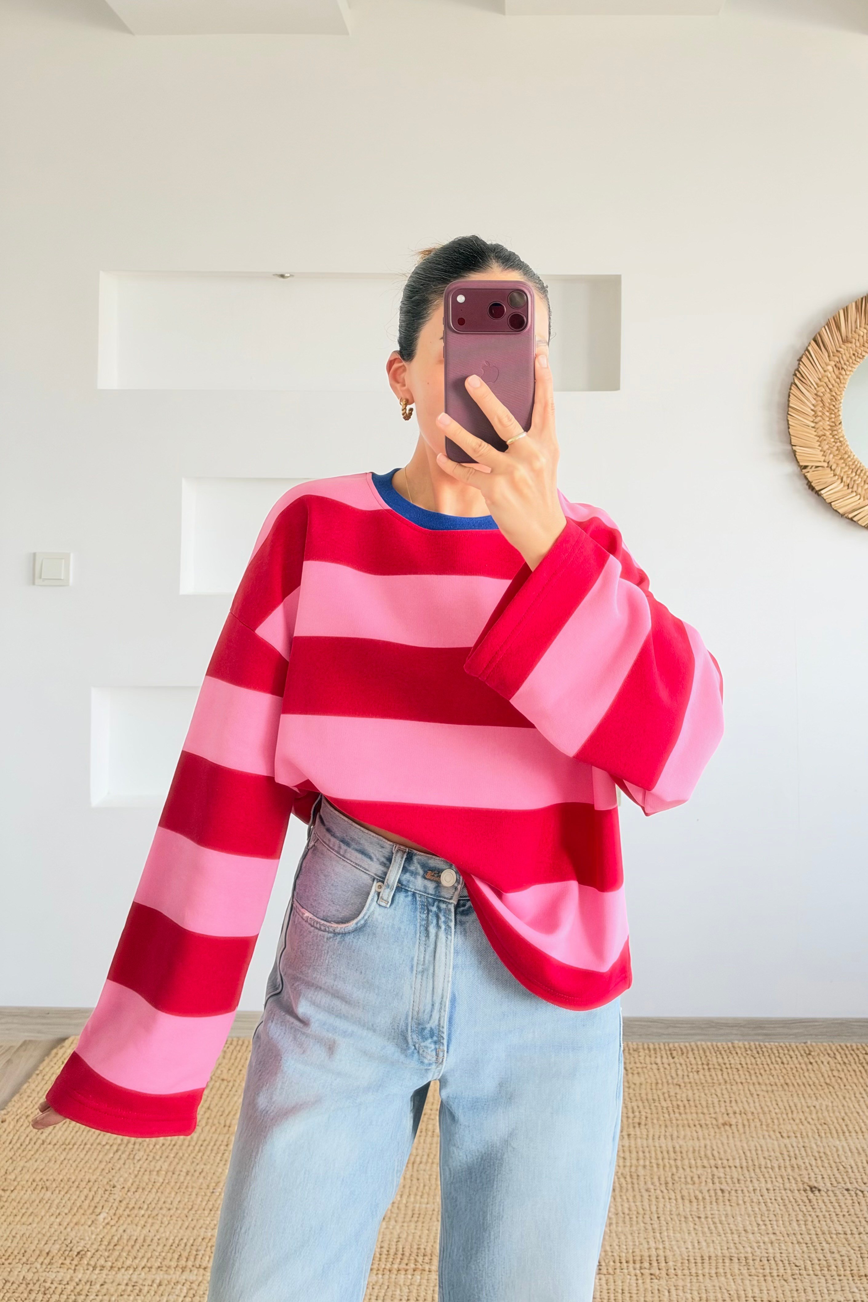 Pembe Kontrast Biyeli Çizgili Sweatshirt uygun fiyatlarda www.butikhola.com adresinde