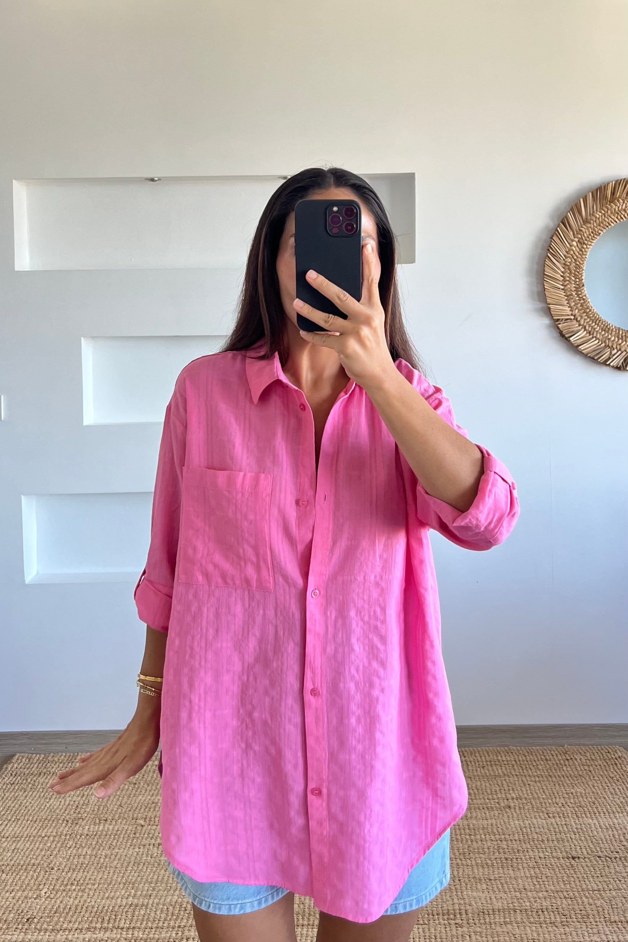 Pembe Uzun Dokulu Gömlek uygun fiyatlarda www.butikhola.com adresinde