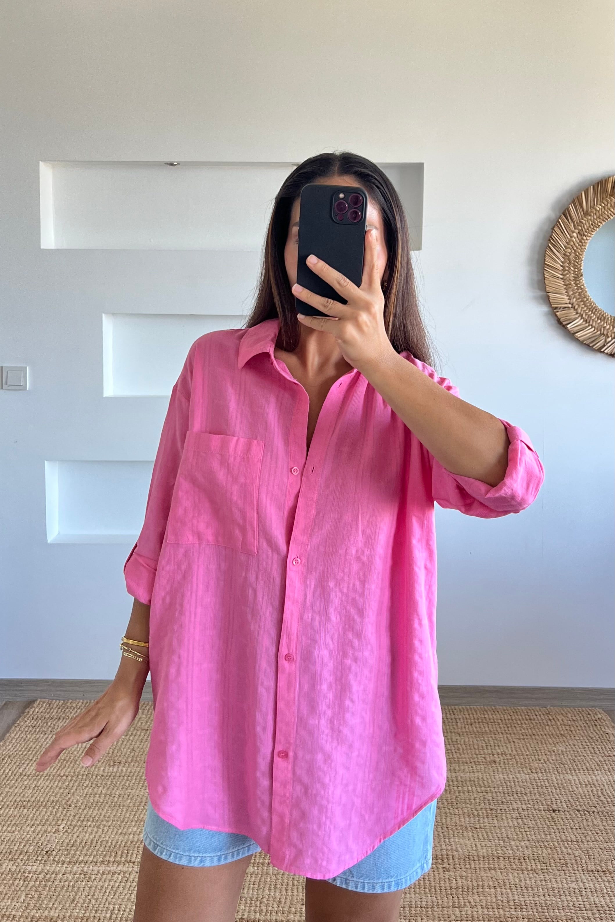 Pembe Uzun Dokulu Gömlek uygun fiyatlarda www.butikhola.com adresinde