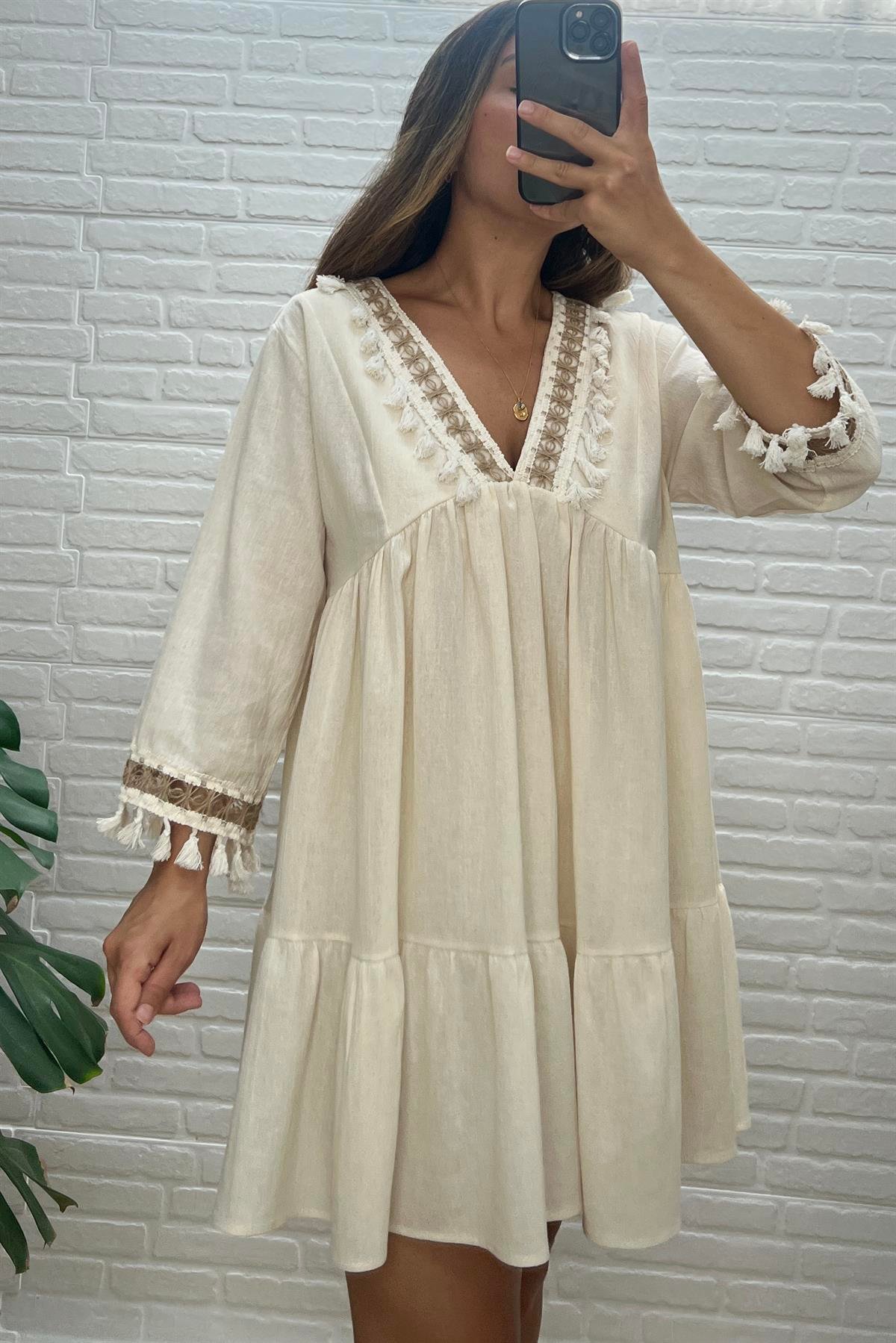 Püskül Detaylı Etnik Elbise  uygun fiyatlarda www.butikhola.com adresinde