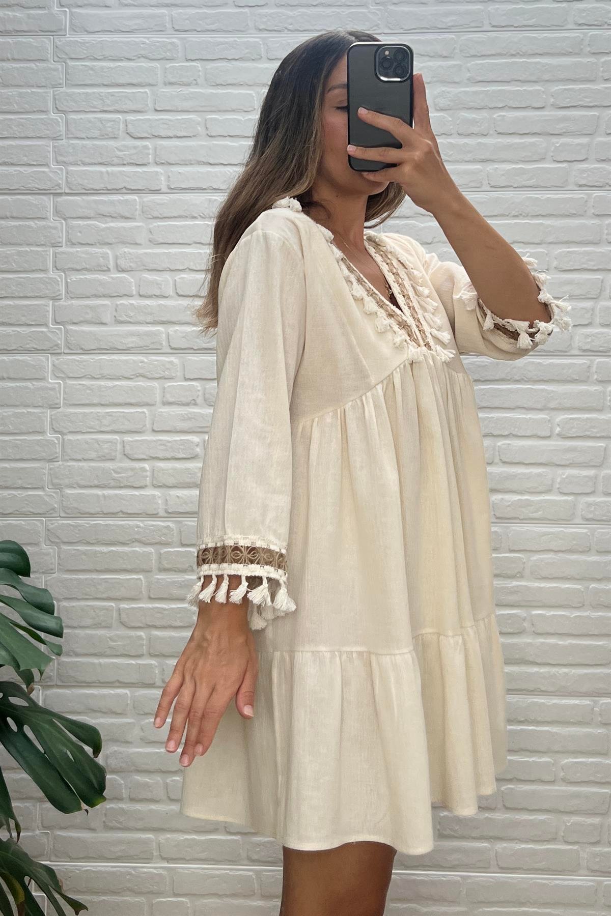 Püskül Detaylı Etnik Elbise  uygun fiyatlarda www.butikhola.com adresinde