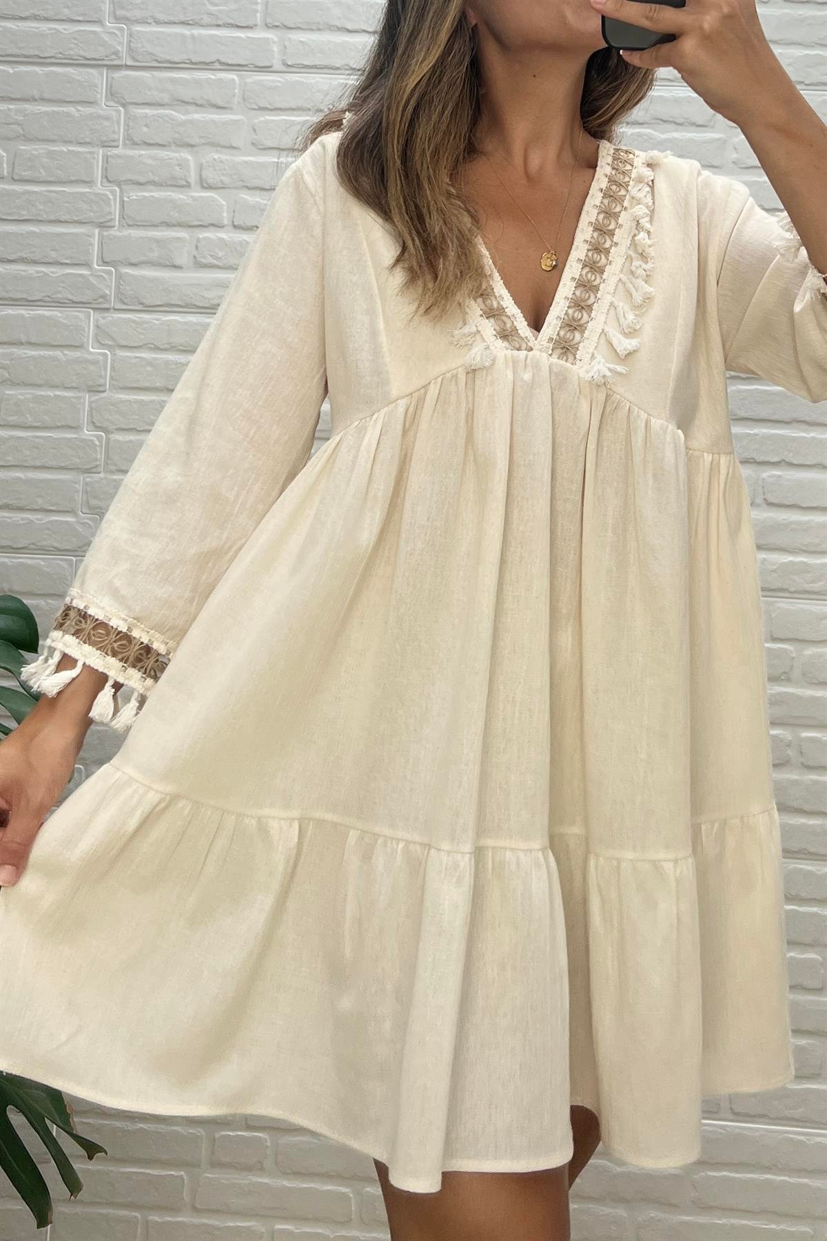 Püskül Detaylı Etnik Elbise  uygun fiyatlarda www.butikhola.com adresinde