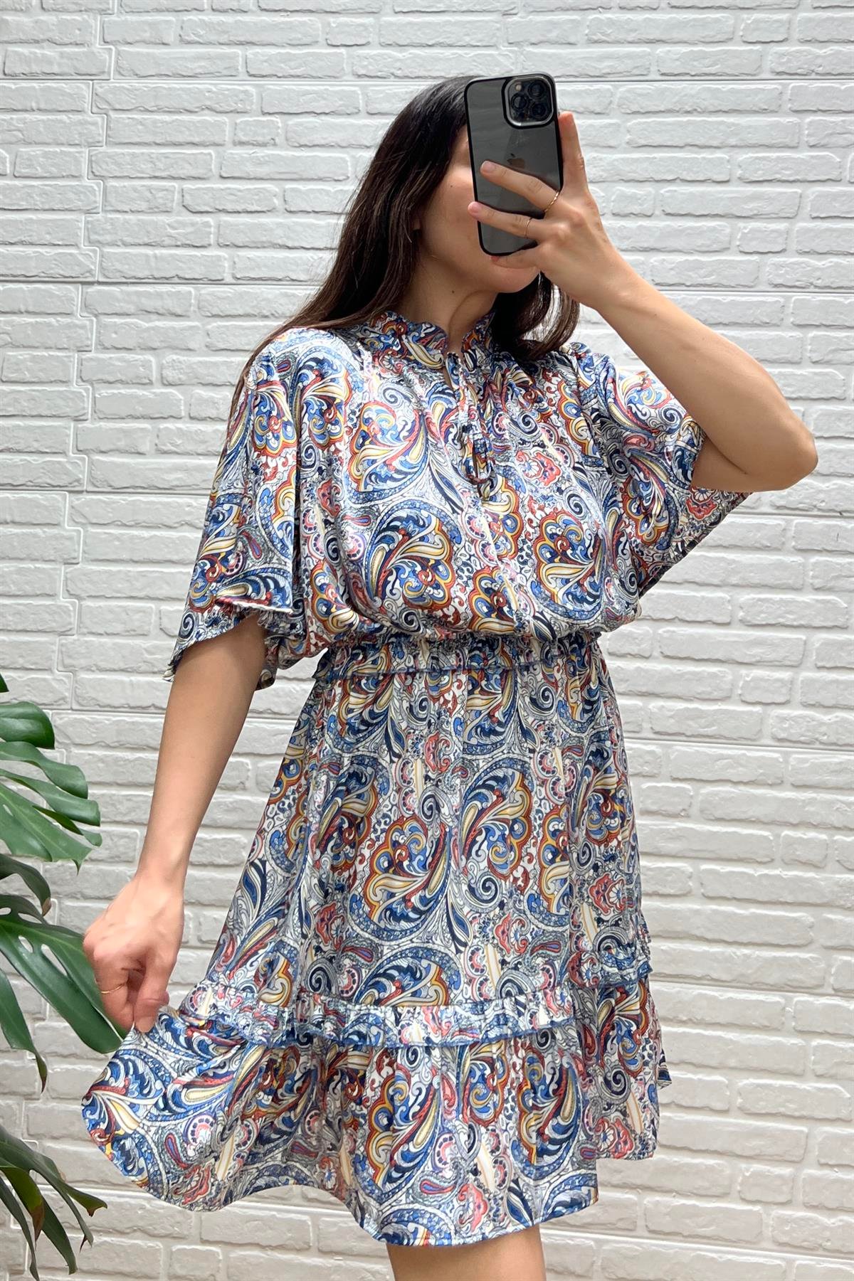 Şal Desenli Beli Gipeli Elbise uygun fiyatlarda www.butikhola.com adresinde