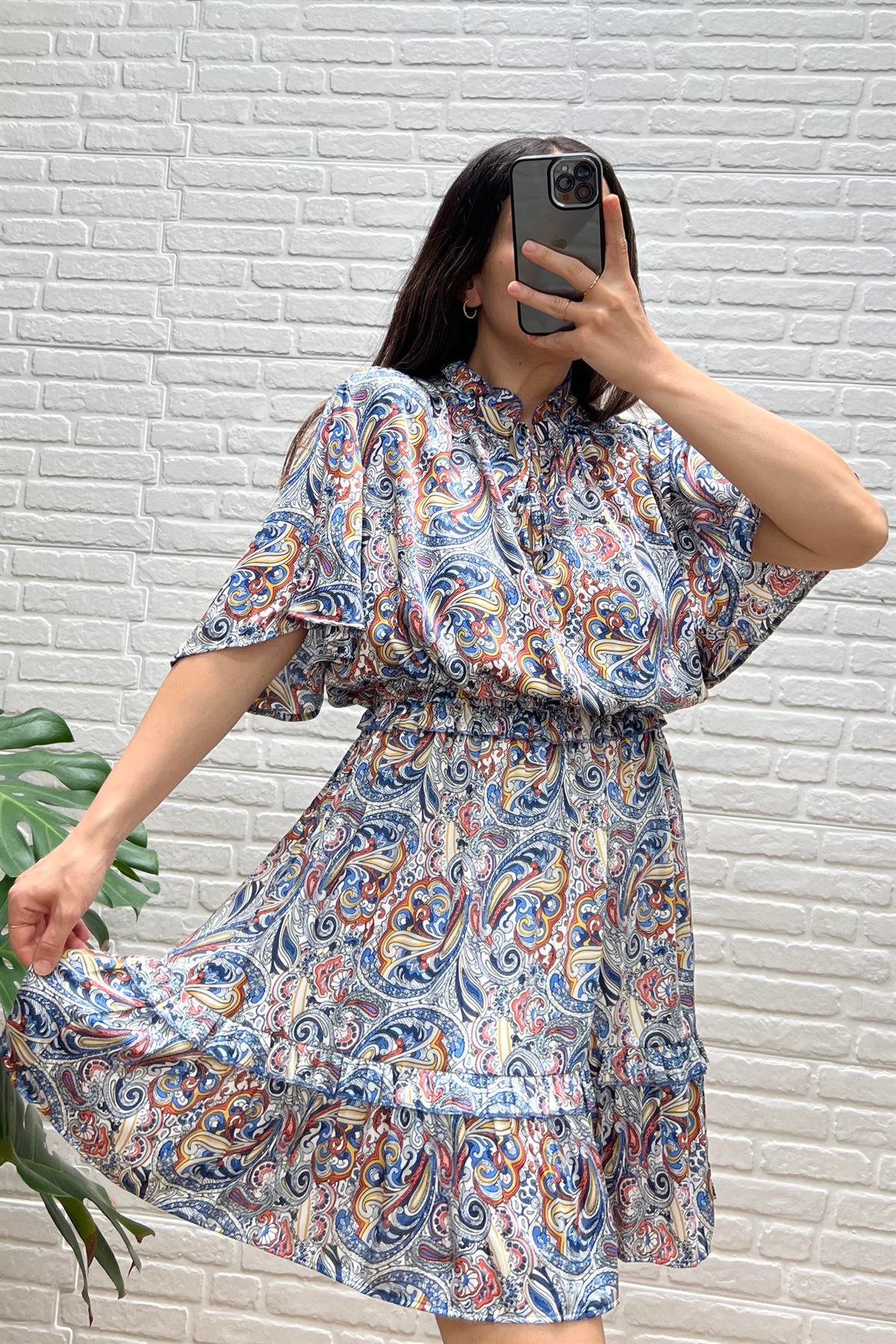 Şal Desenli Beli Gipeli Elbise uygun fiyatlarda www.butikhola.com adresinde