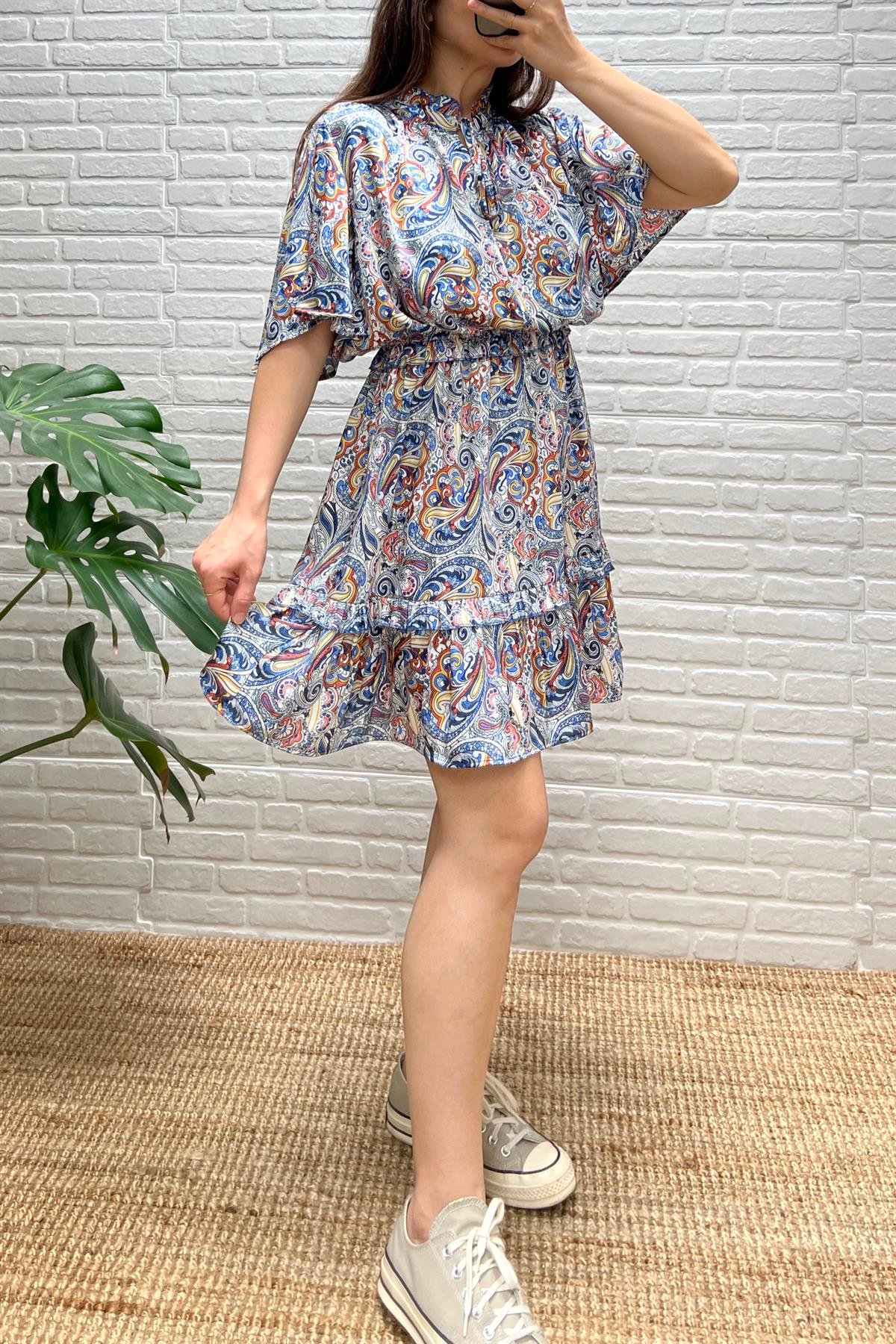 Şal Desenli Beli Gipeli Elbise uygun fiyatlarda www.butikhola.com adresinde