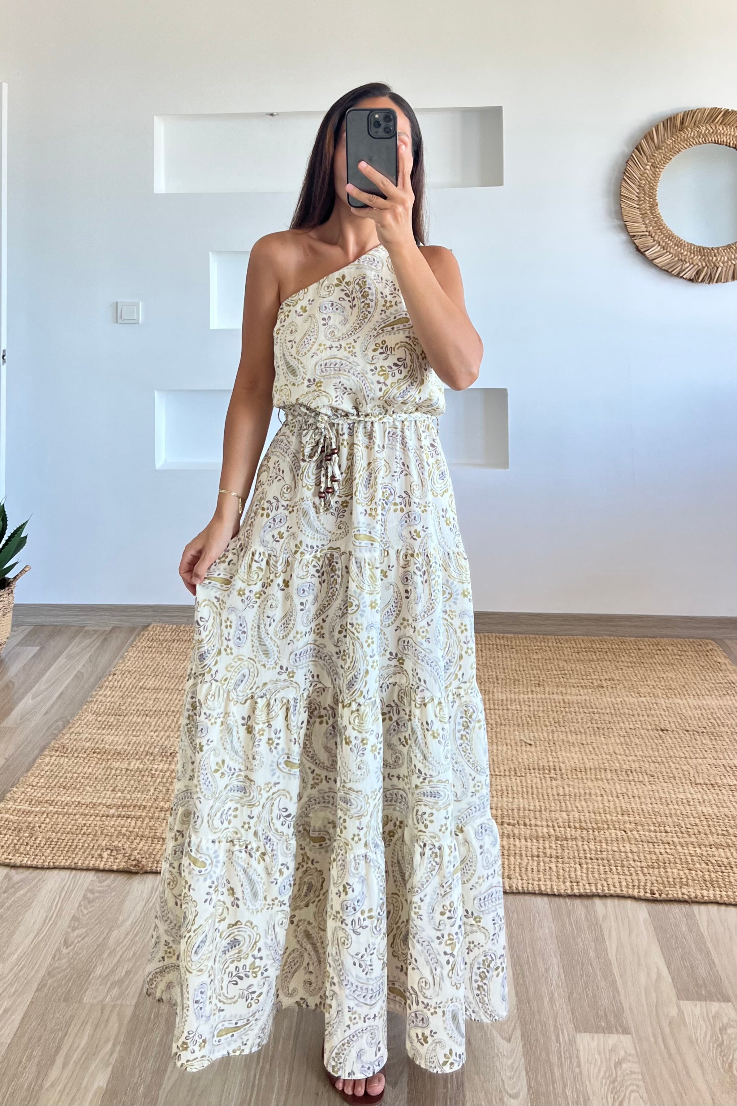 Şal Desenli Tek Omuz Maxi Elbise uygun fiyatlarda www.butikhola.com adresinde