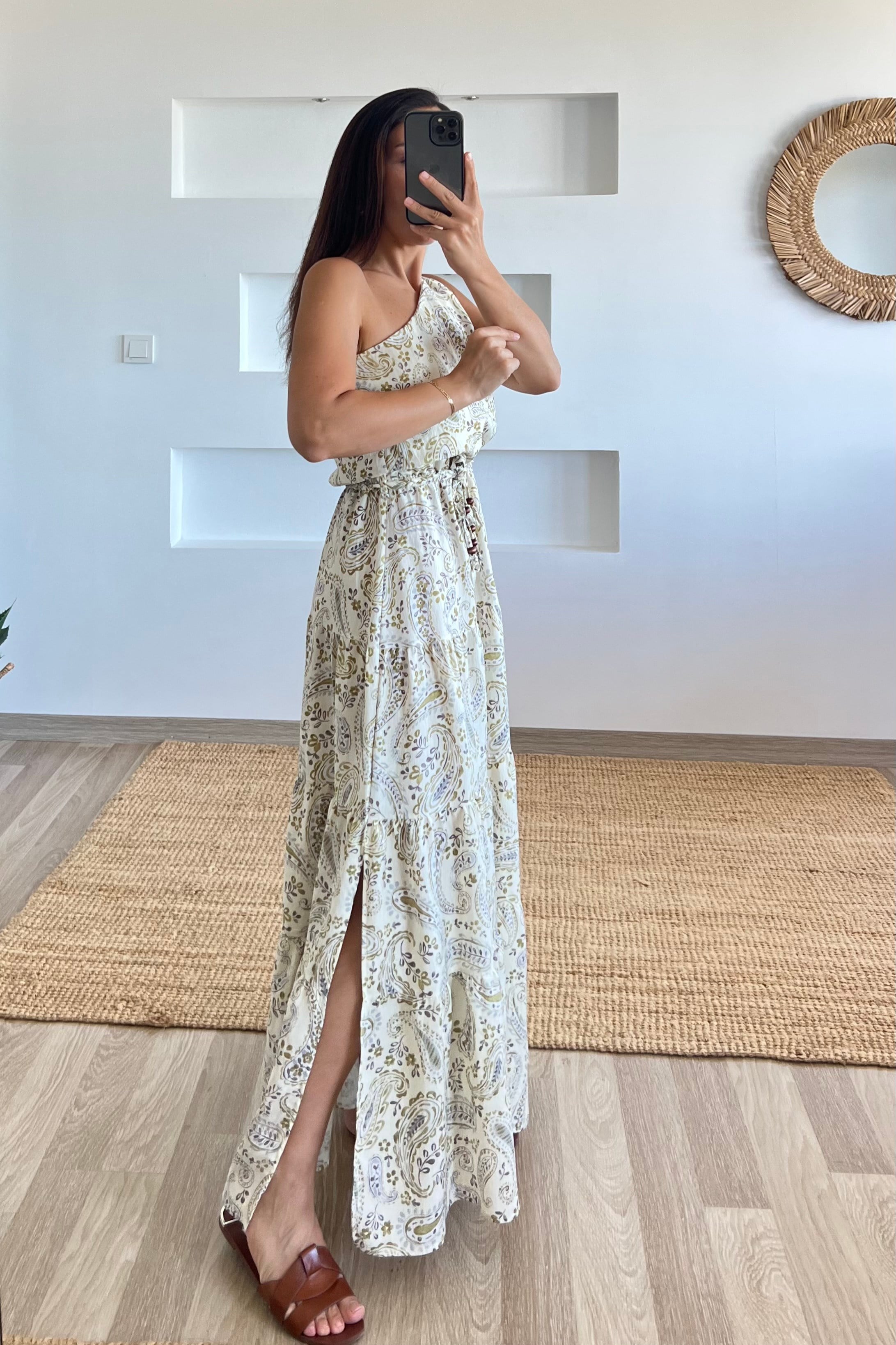 Şal Desenli Tek Omuz Maxi Elbise uygun fiyatlarda www.butikhola.com adresinde