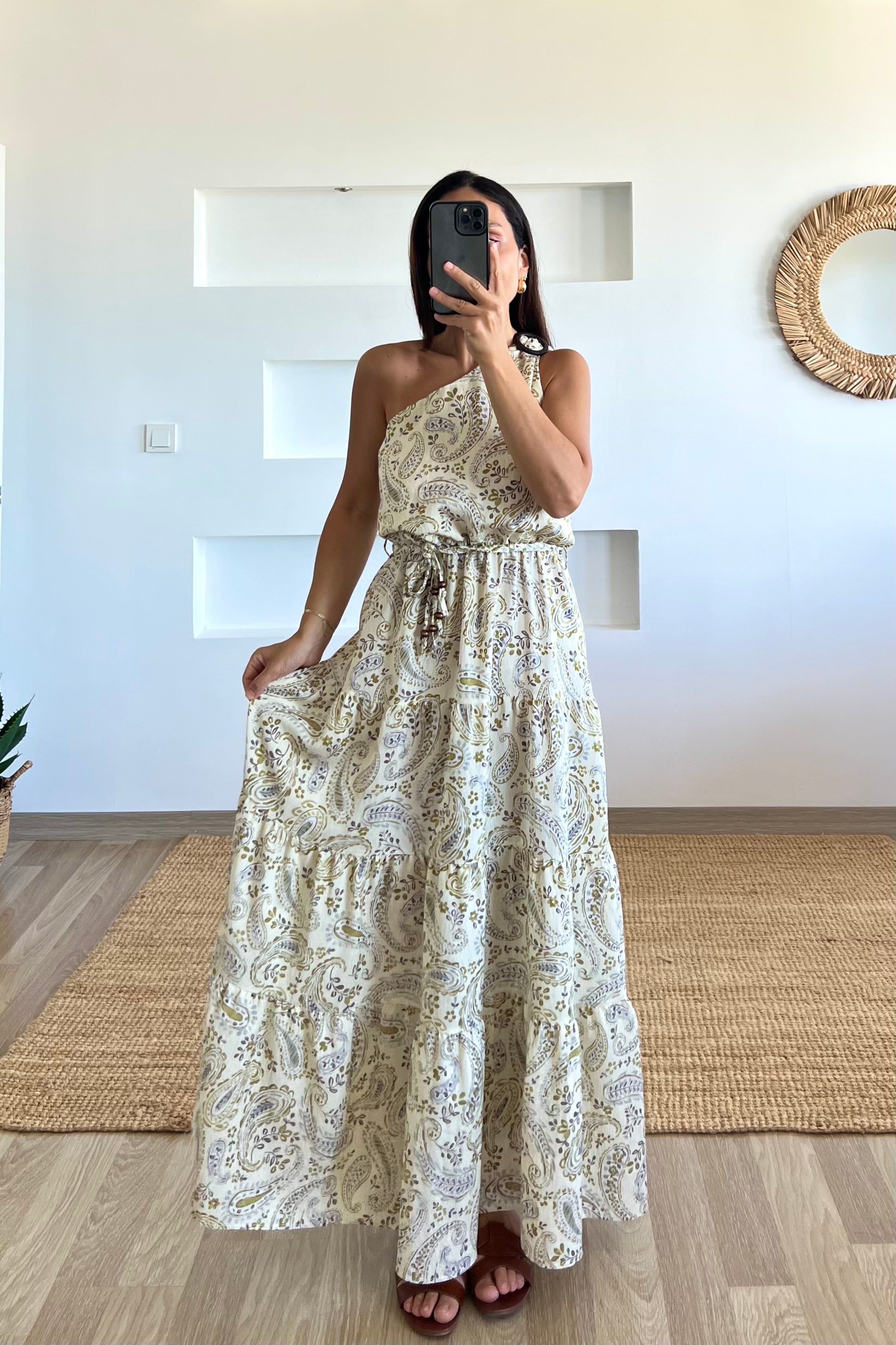 Şal Desenli Tek Omuz Maxi Elbise uygun fiyatlarda www.butikhola.com adresinde