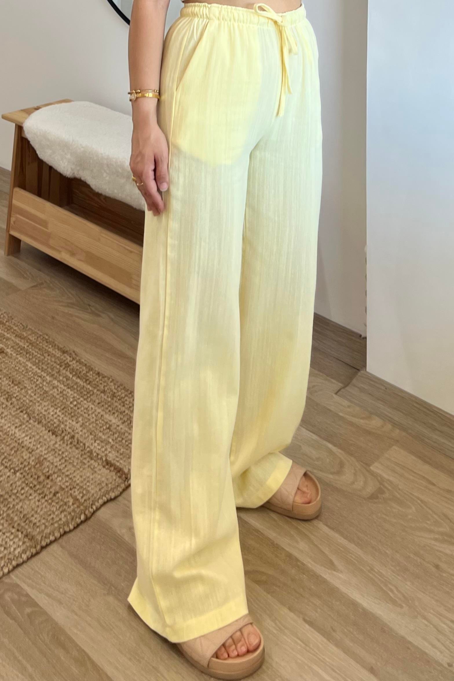 Sarı Düz Kesim Keten Pantolon uygun fiyatlarda www.butikhola.com adresinde