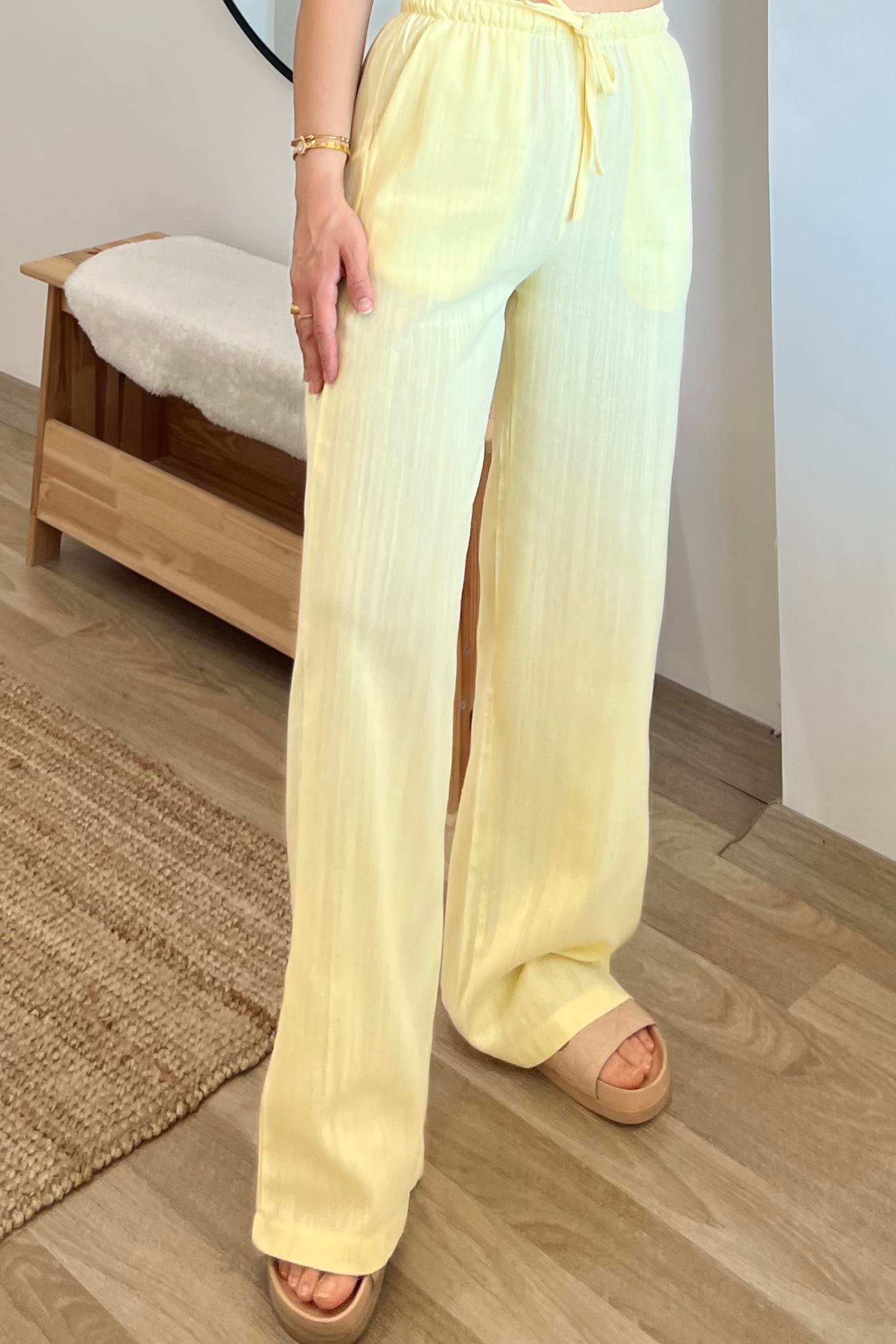Sarı Düz Kesim Keten Pantolon uygun fiyatlarda www.butikhola.com adresinde