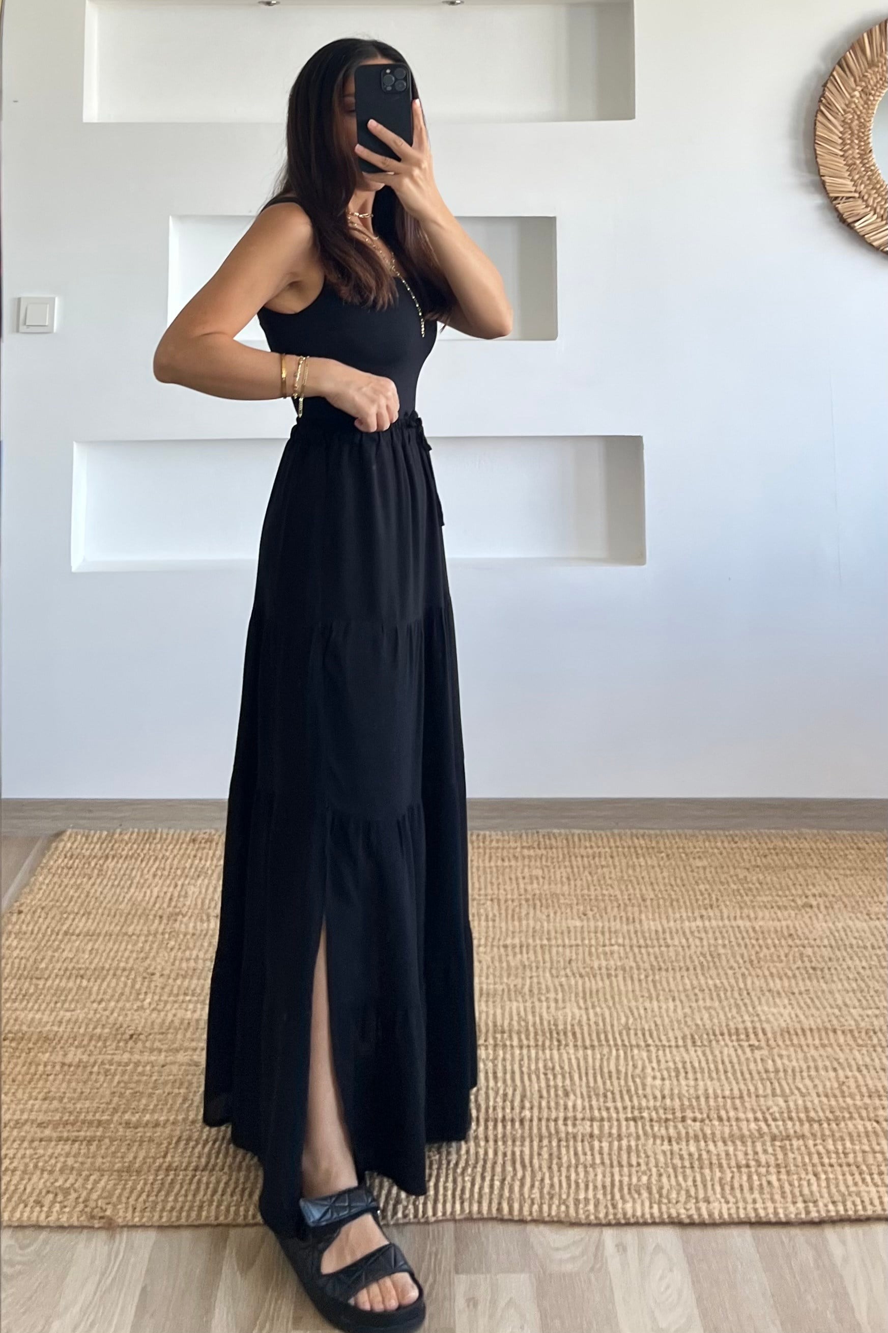 Siyah Astarlı Beli Lastikli Bohem Etek uygun fiyatlarda www.butikhola.com adresinde