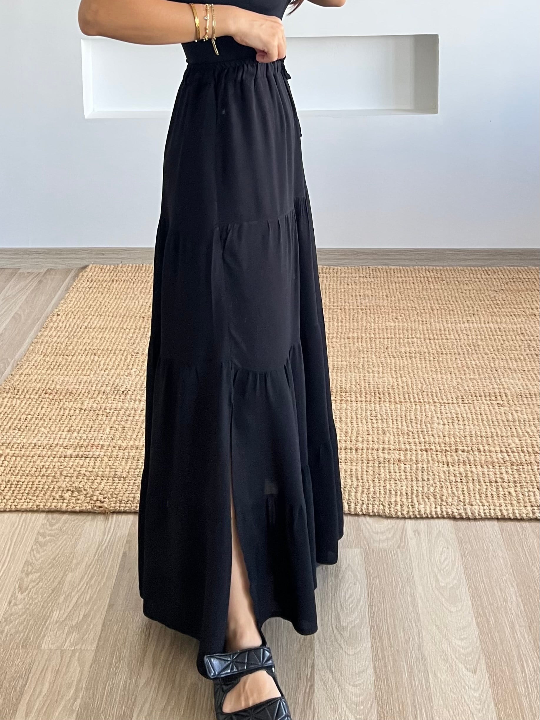 Siyah Astarlı Beli Lastikli Bohem Etek uygun fiyatlarda www.butikhola.com adresinde