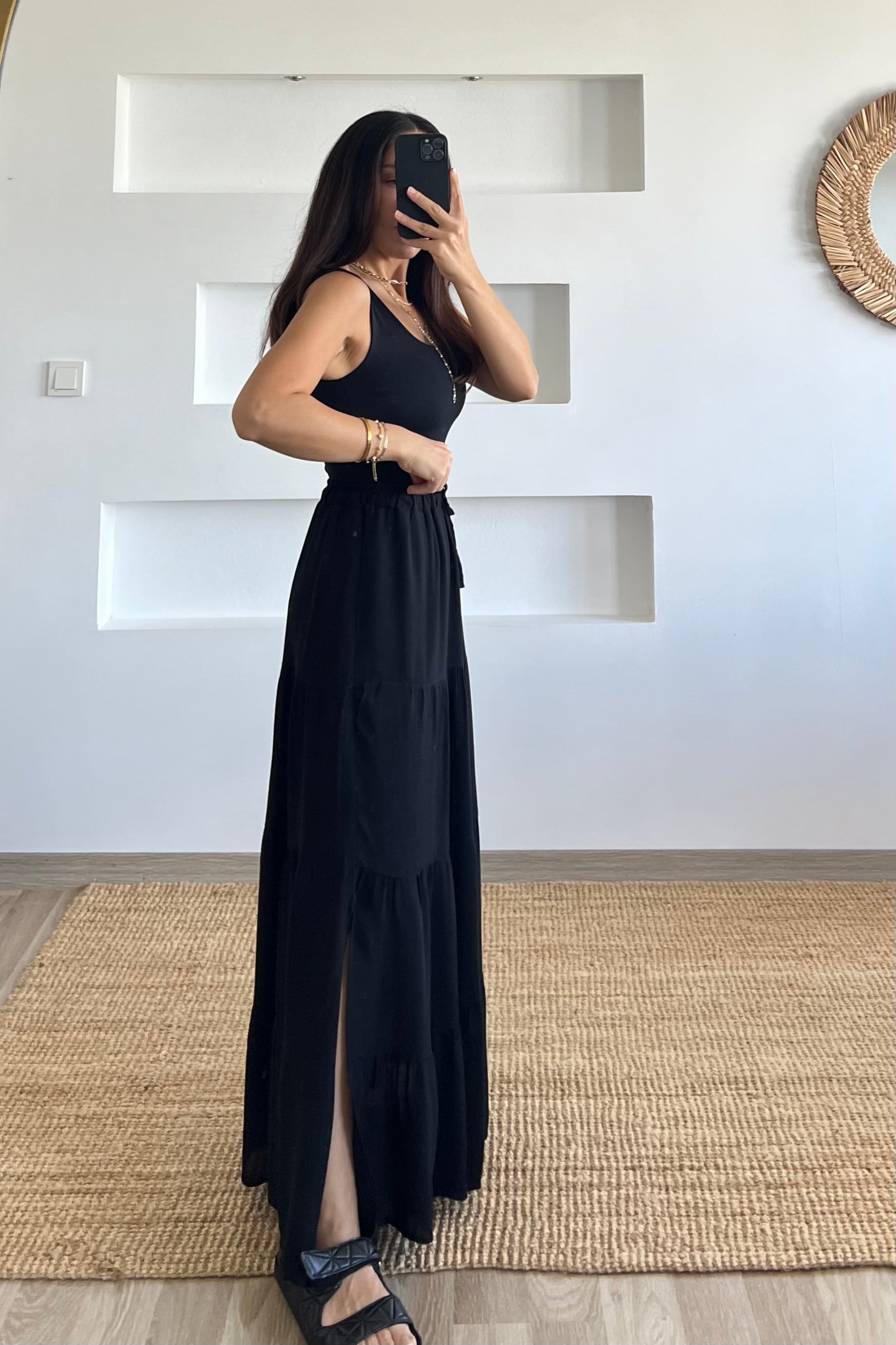 Siyah Astarlı Beli Lastikli Bohem Etek uygun fiyatlarda www.butikhola.com adresinde