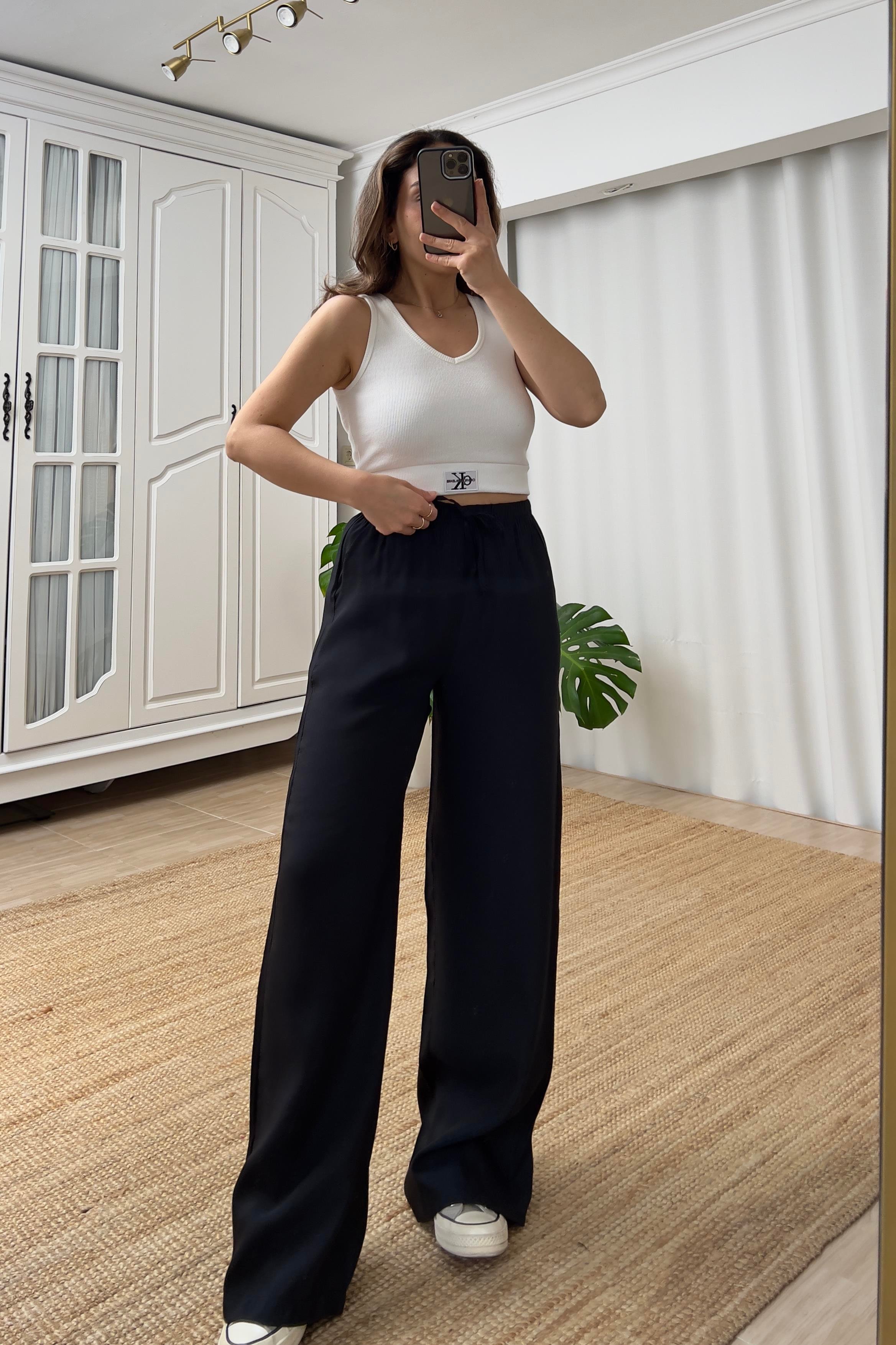 Siyah Beli İpli Tensel Pantolon uygun fiyatlarda www.butikhola.com adresinde