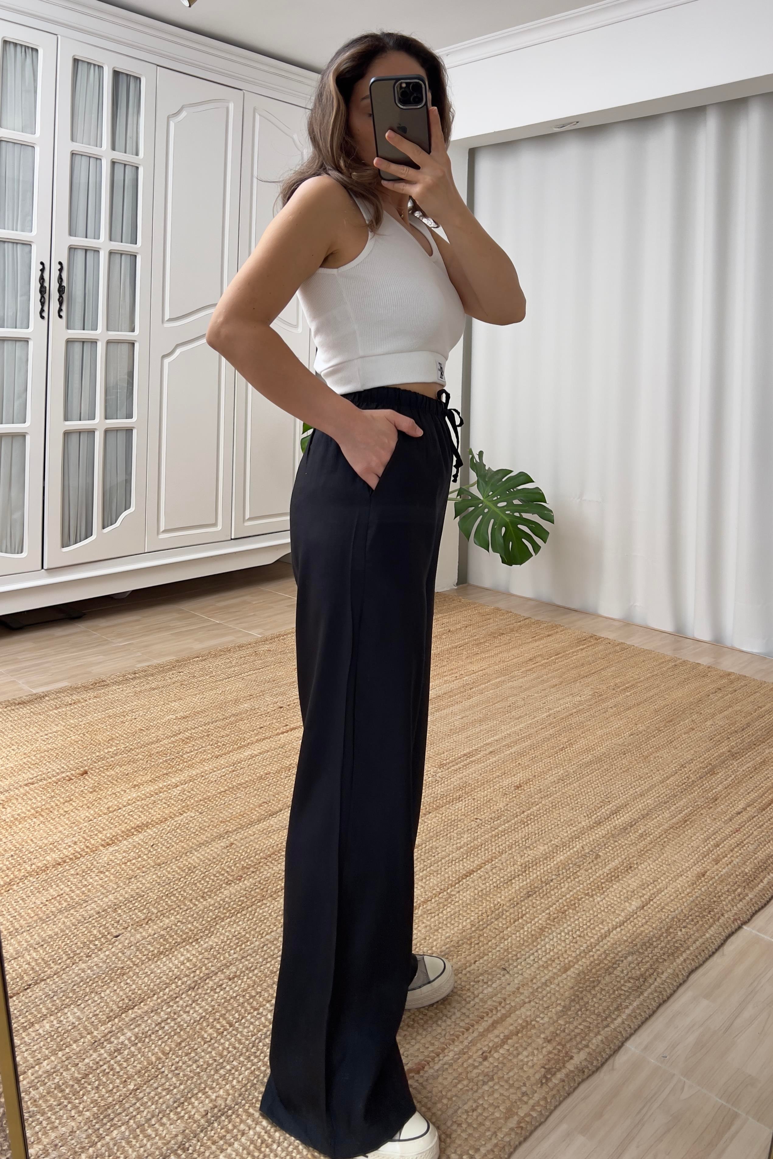 Siyah Beli İpli Tensel Pantolon uygun fiyatlarda www.butikhola.com adresinde