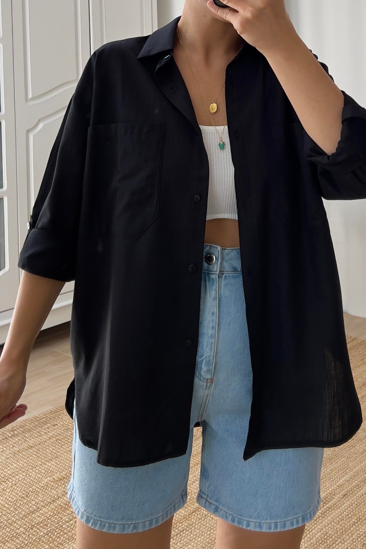 Siyah Çift Cep Detaylı Keten Gömlek  uygun fiyatlarda www.butikhola.com adresinde