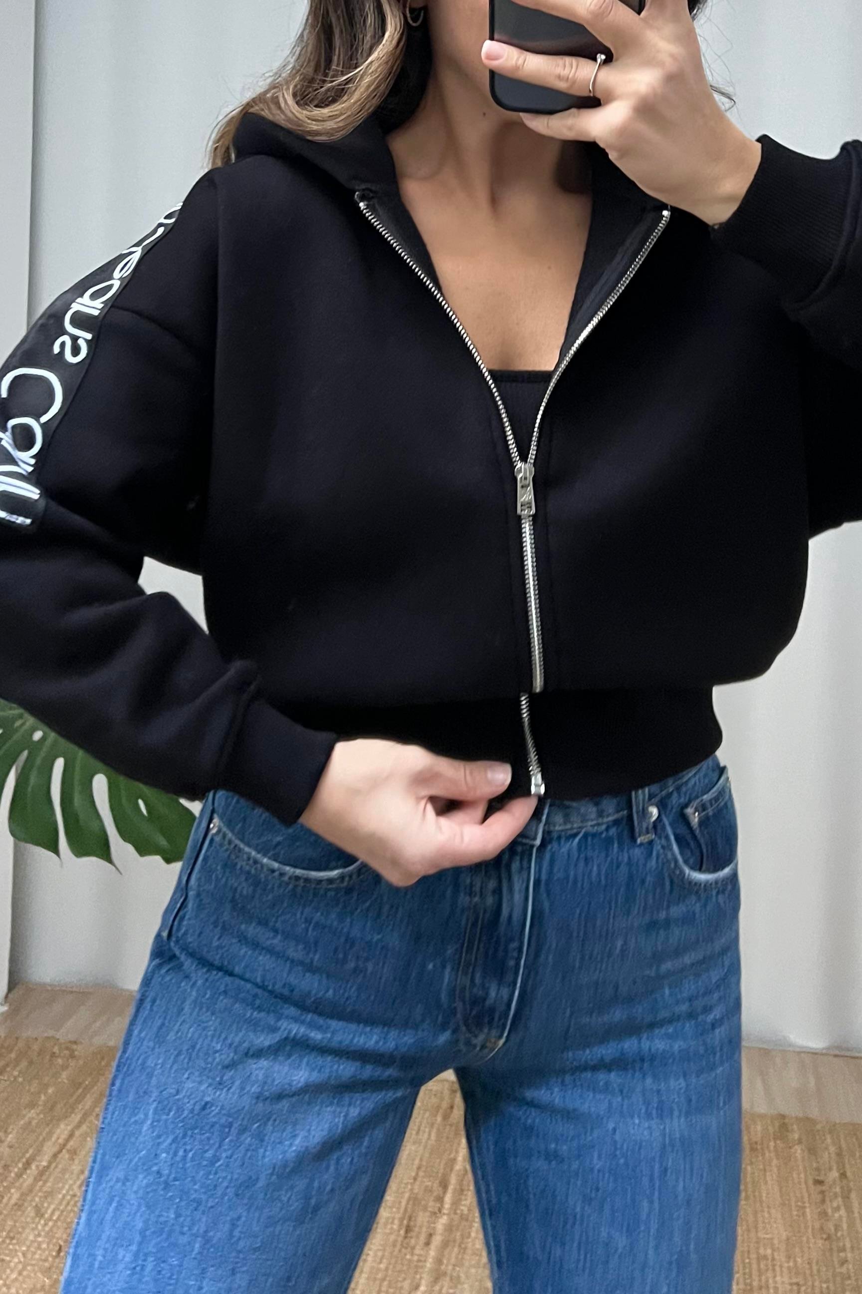 Siyah Ck Şerit Detaylı Kapüşonlu Bomber Sweatshirt  uygun fiyatlarda www.butikhola.com adresinde