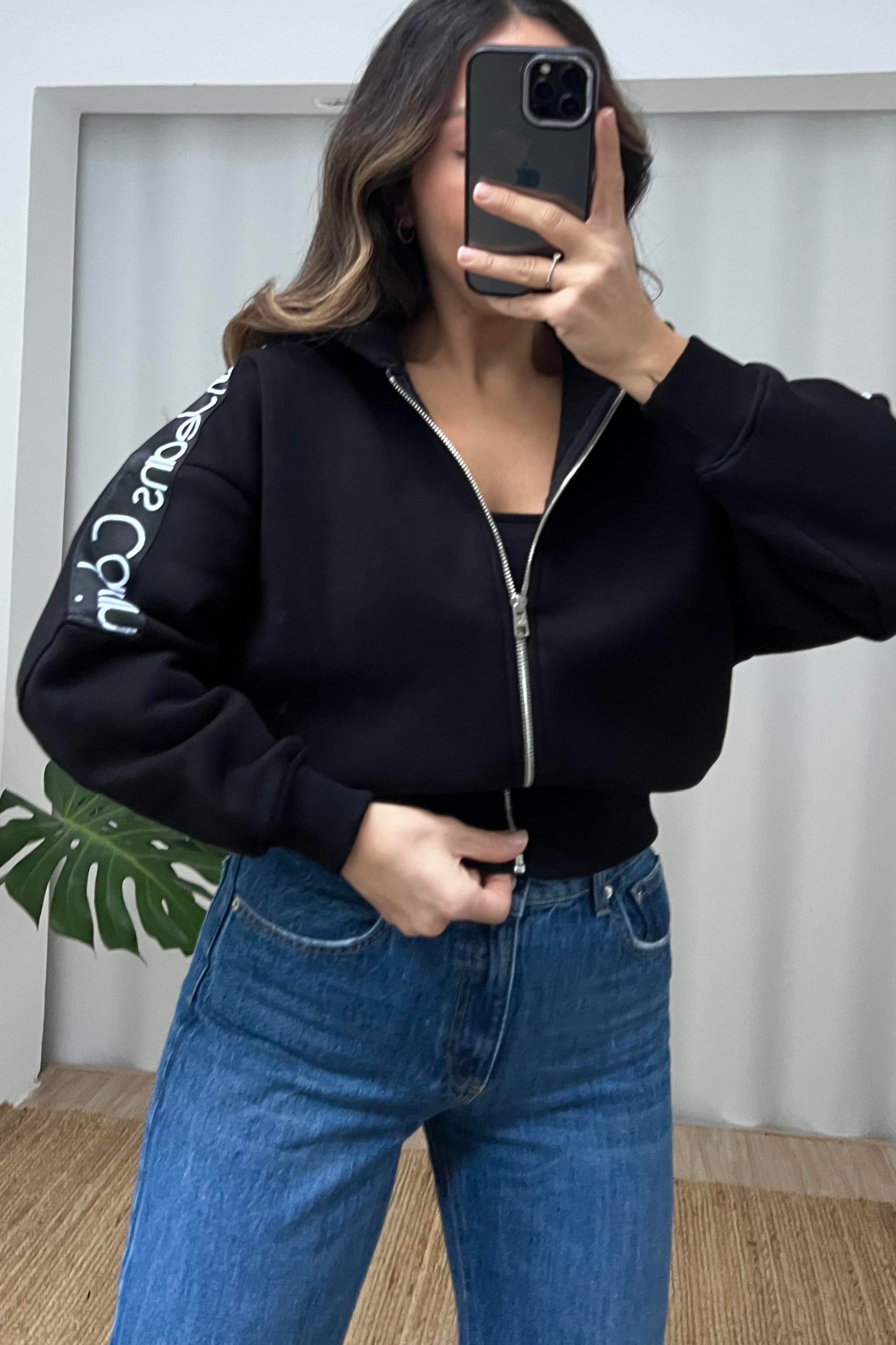 Siyah Ck Şerit Detaylı Kapüşonlu Bomber Sweatshirt  uygun fiyatlarda www.butikhola.com adresinde