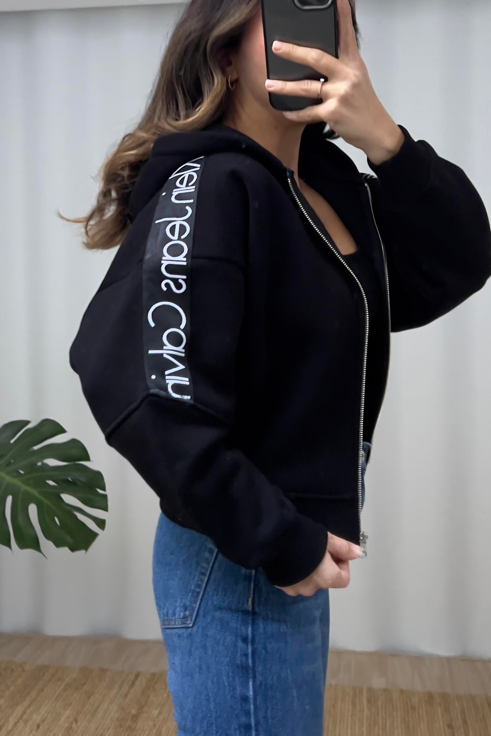 Siyah Ck Şerit Detaylı Kapüşonlu Bomber Sweatshirt  uygun fiyatlarda www.butikhola.com adresinde