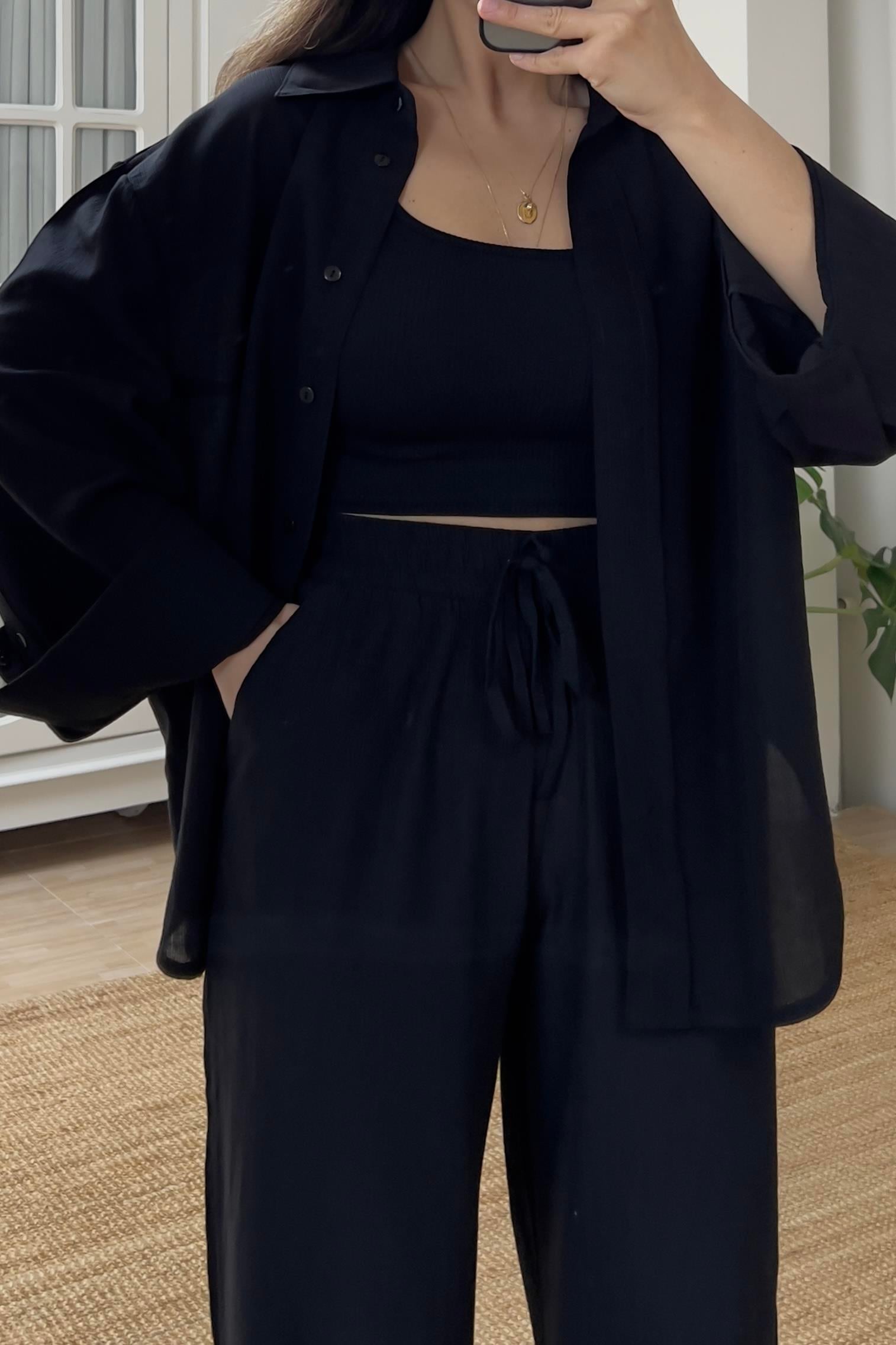 Siyah Dokulu Gömlek Pantolon Takım uygun fiyatlarda www.butikhola.com adresinde