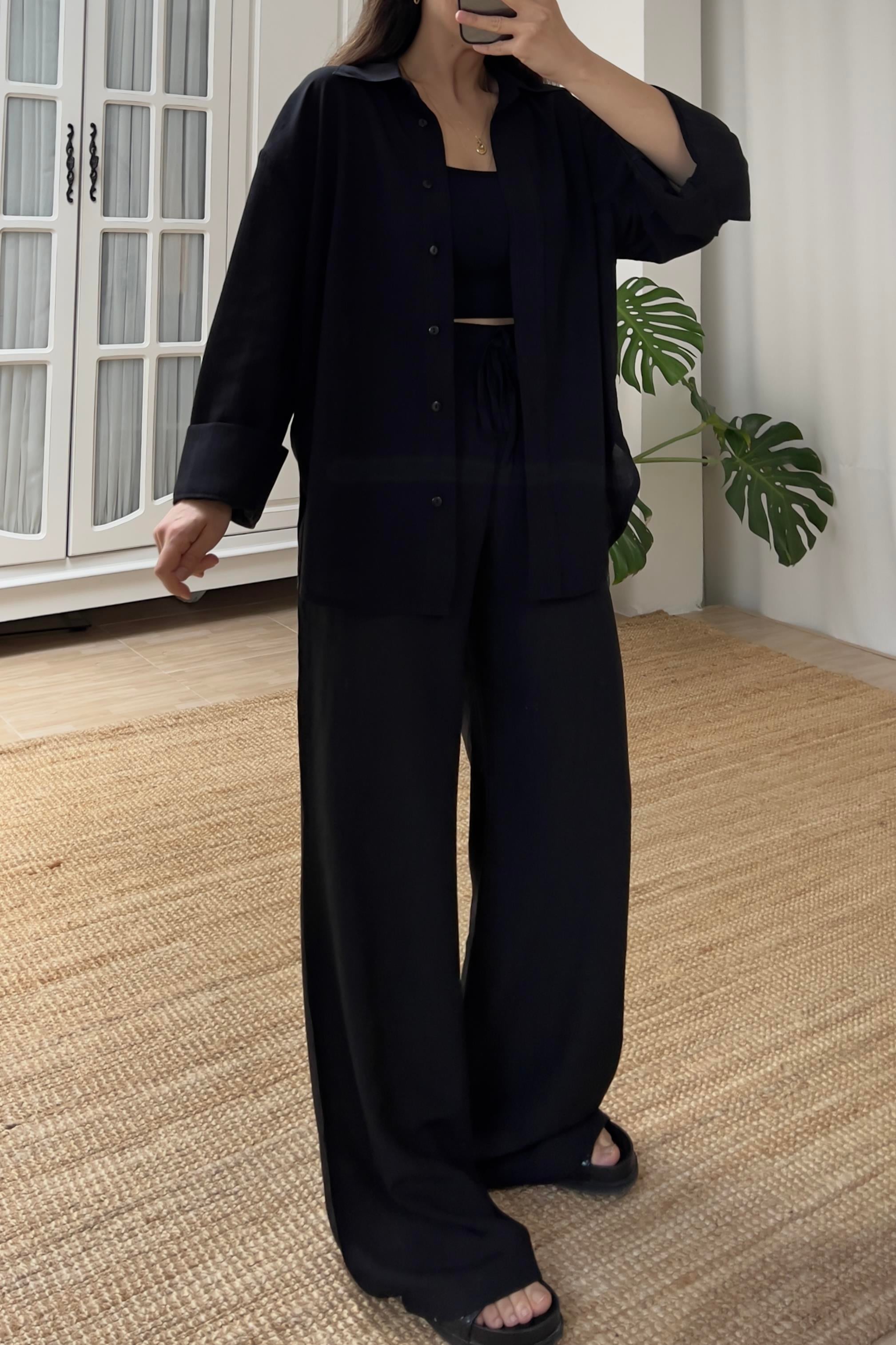 Siyah Dokulu Gömlek Pantolon Takım uygun fiyatlarda www.butikhola.com adresinde