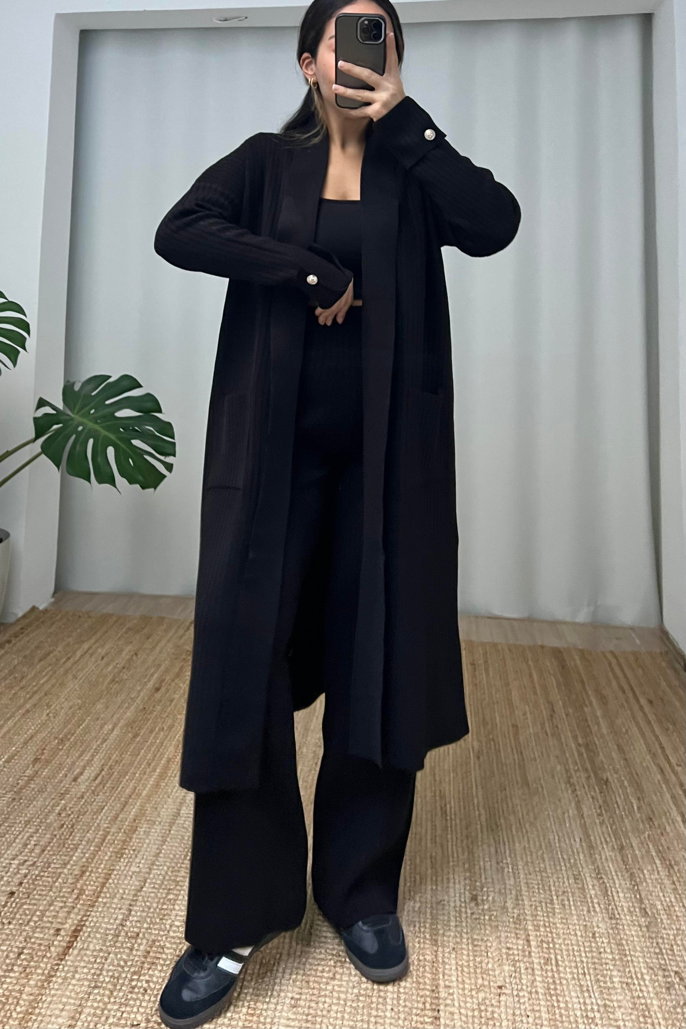 Siyah Fitilli Maksi Hırka Pantolon Takım uygun fiyatlarda www.butikhola.com adresinde