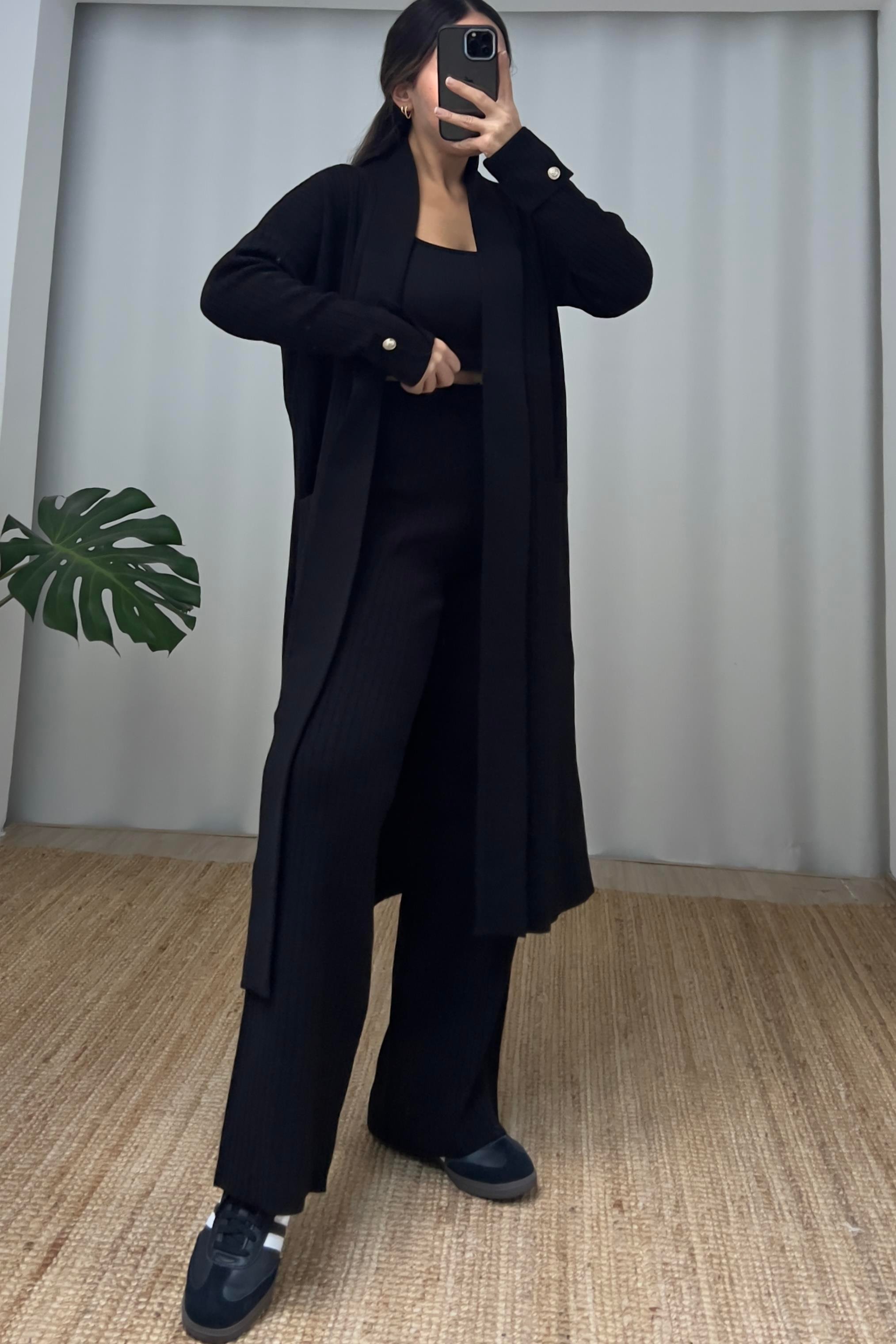 Siyah Fitilli Maksi Hırka Pantolon Takım uygun fiyatlarda www.butikhola.com adresinde