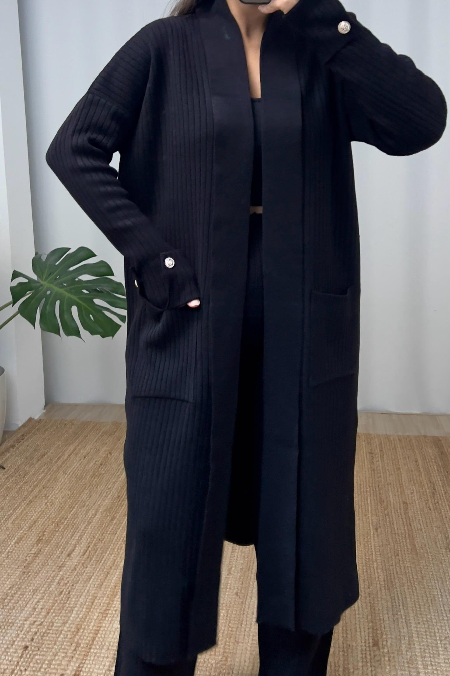Siyah Fitilli Maksi Hırka Pantolon Takım uygun fiyatlarda www.butikhola.com adresinde