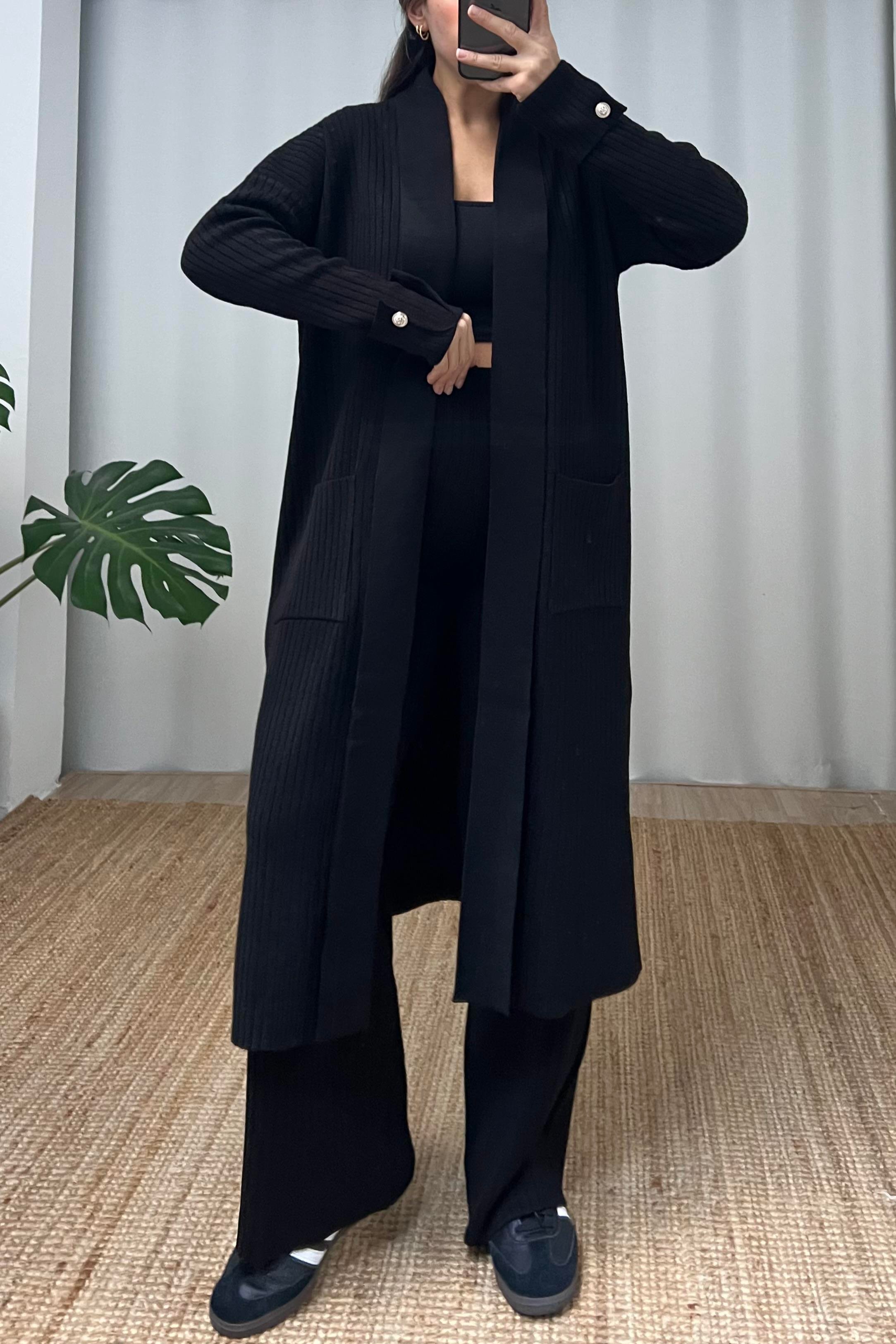 Siyah Fitilli Maksi Hırka Pantolon Takım uygun fiyatlarda www.butikhola.com adresinde