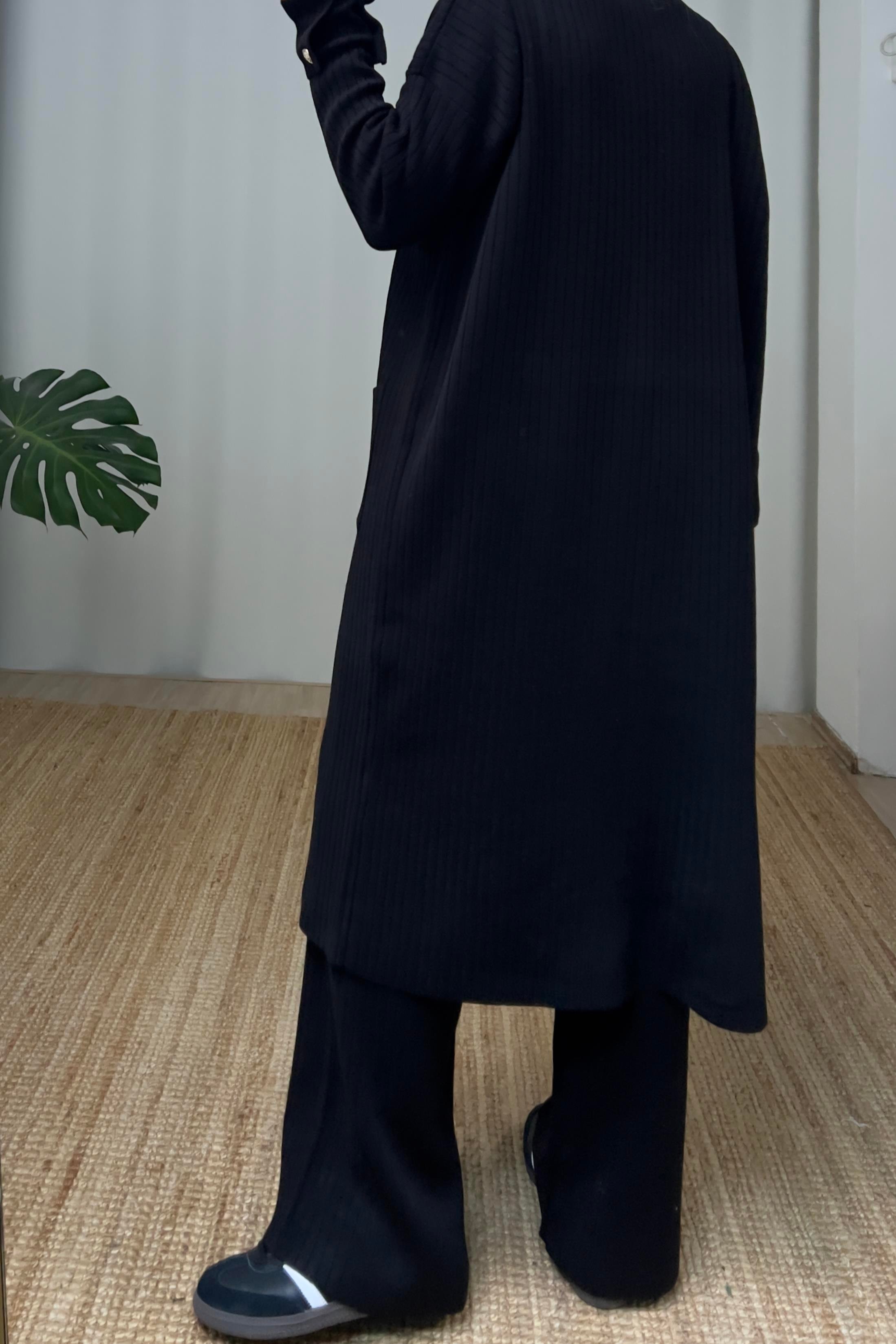 Siyah Fitilli Maksi Hırka Pantolon Takım uygun fiyatlarda www.butikhola.com adresinde