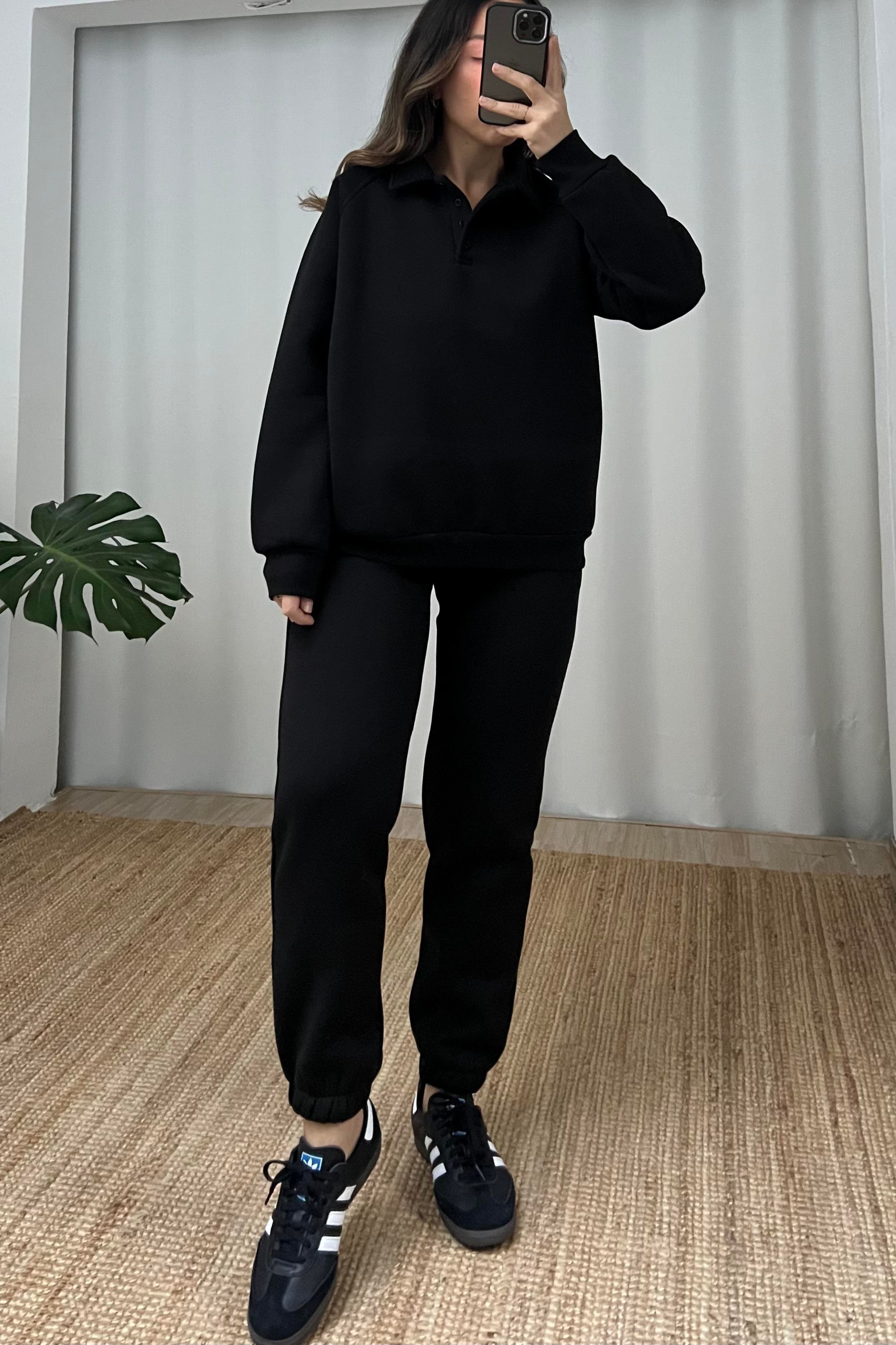 Siyah İçi Polarlı Polo Yaka Sweatshirt Eşofman Takım uygun fiyatlarda www.butikhola.com adresinde