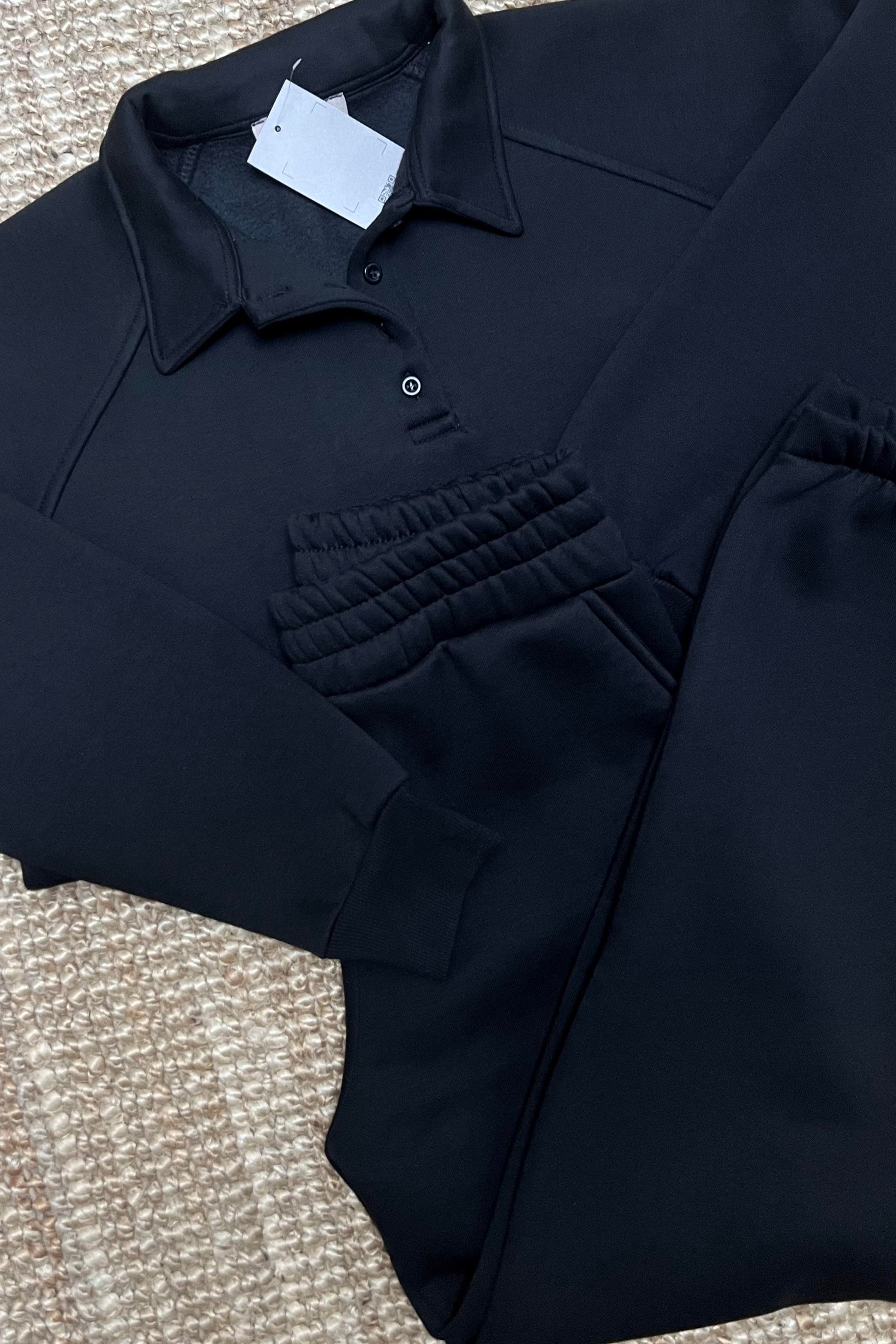 Siyah İçi Polarlı Polo Yaka Sweatshirt Eşofman Takım uygun fiyatlarda www.butikhola.com adresinde