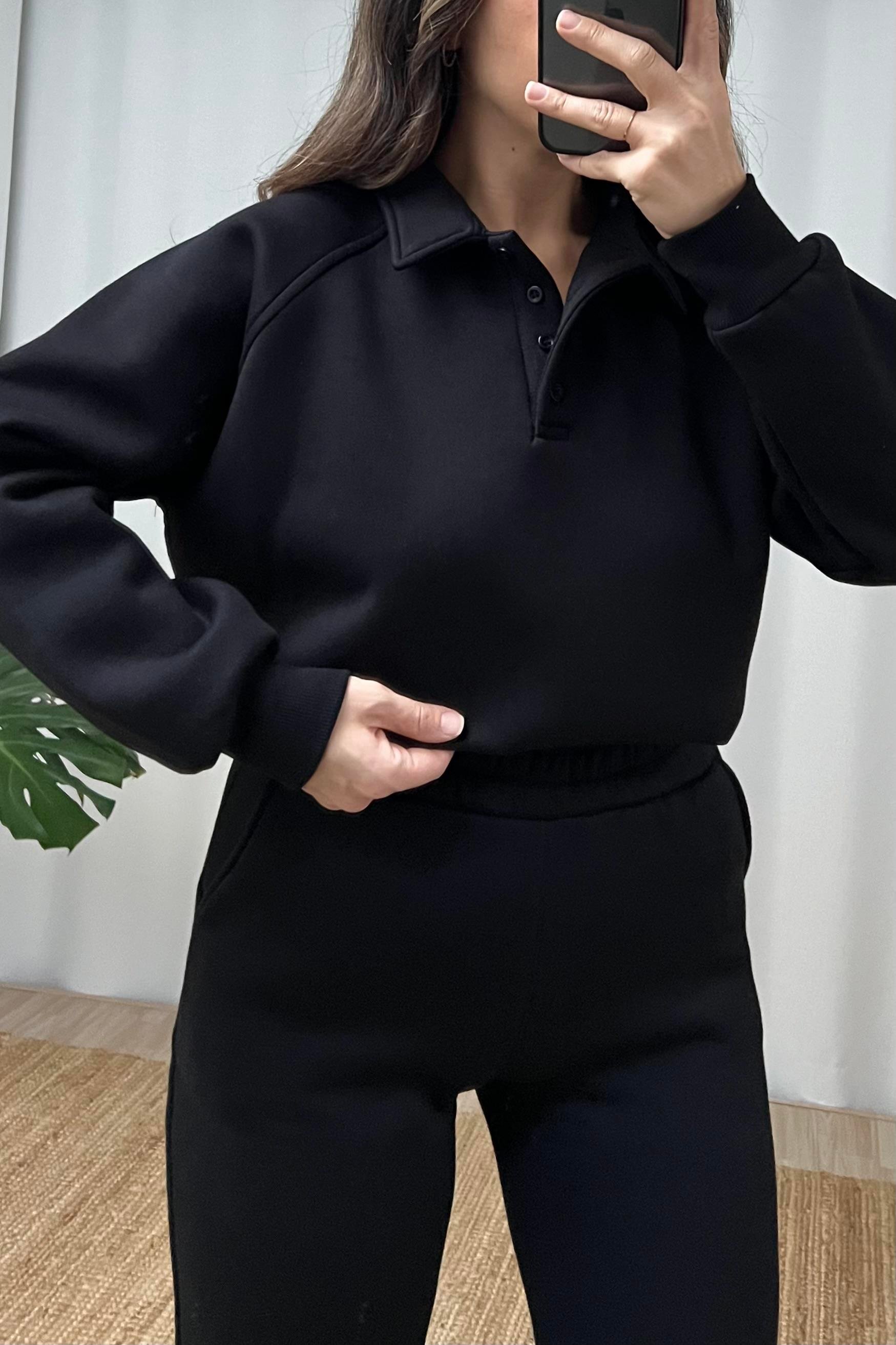 Siyah İçi Polarlı Polo Yaka Sweatshirt Eşofman Takım uygun fiyatlarda www.butikhola.com adresinde