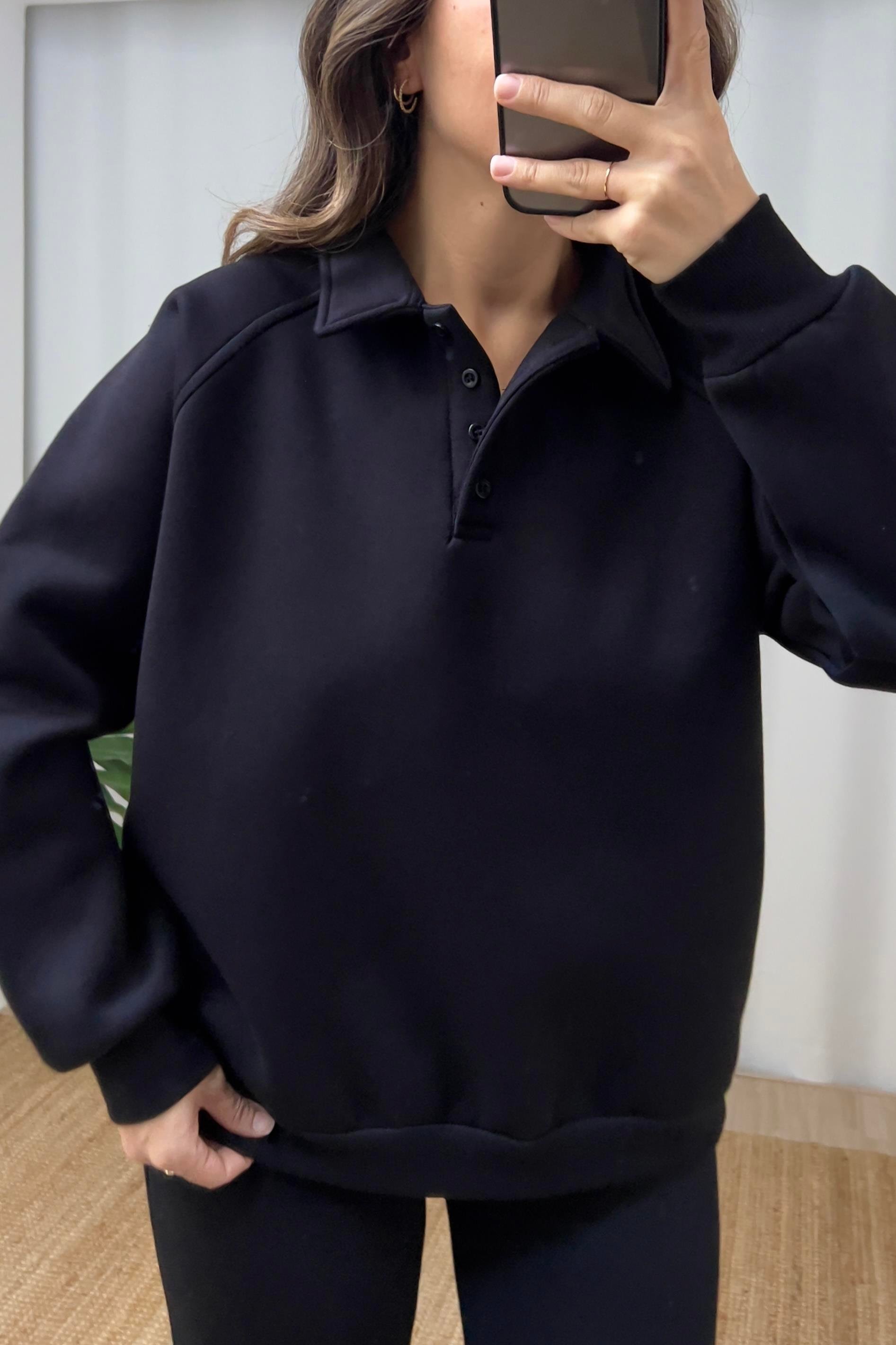 Siyah İçi Polarlı Polo Yaka Sweatshirt Eşofman Takım uygun fiyatlarda www.butikhola.com adresinde