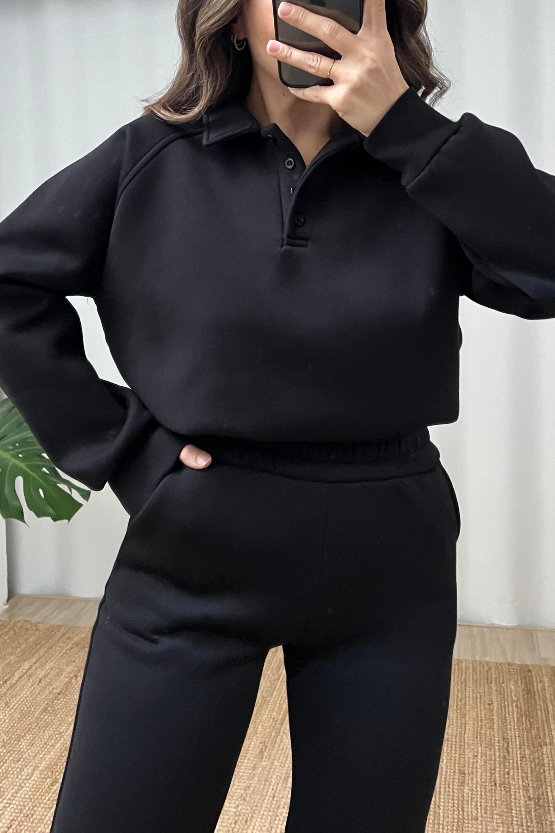 Siyah İçi Polarlı Polo Yaka Sweatshirt Eşofman Takım uygun fiyatlarda www.butikhola.com adresinde