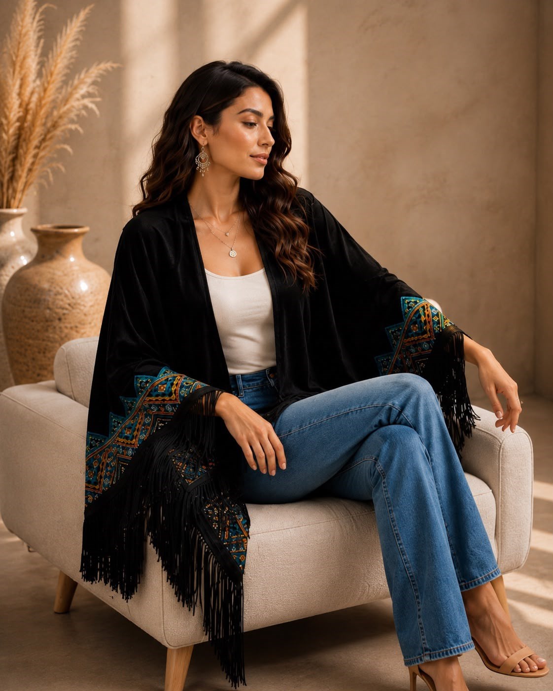 Siyah Kadife Etnik Desenli Püsküllü Üçgen Şal uygun fiyatlarda www.butikhola.com adresinde